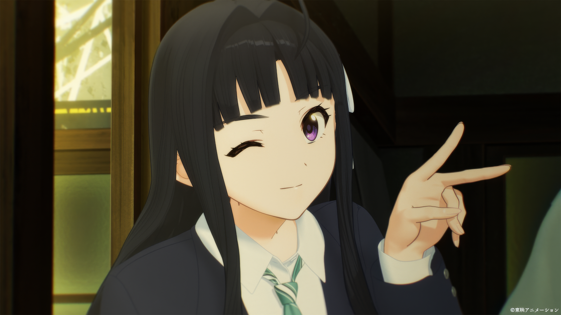 Anime girl from Girls Band Cry with a smiling expression, styled as an HD desktop wallpaper.