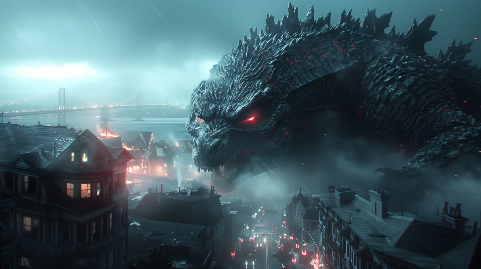 HD wallpaper of Godzilla in a post-apocalyptic city setting for desktop background.