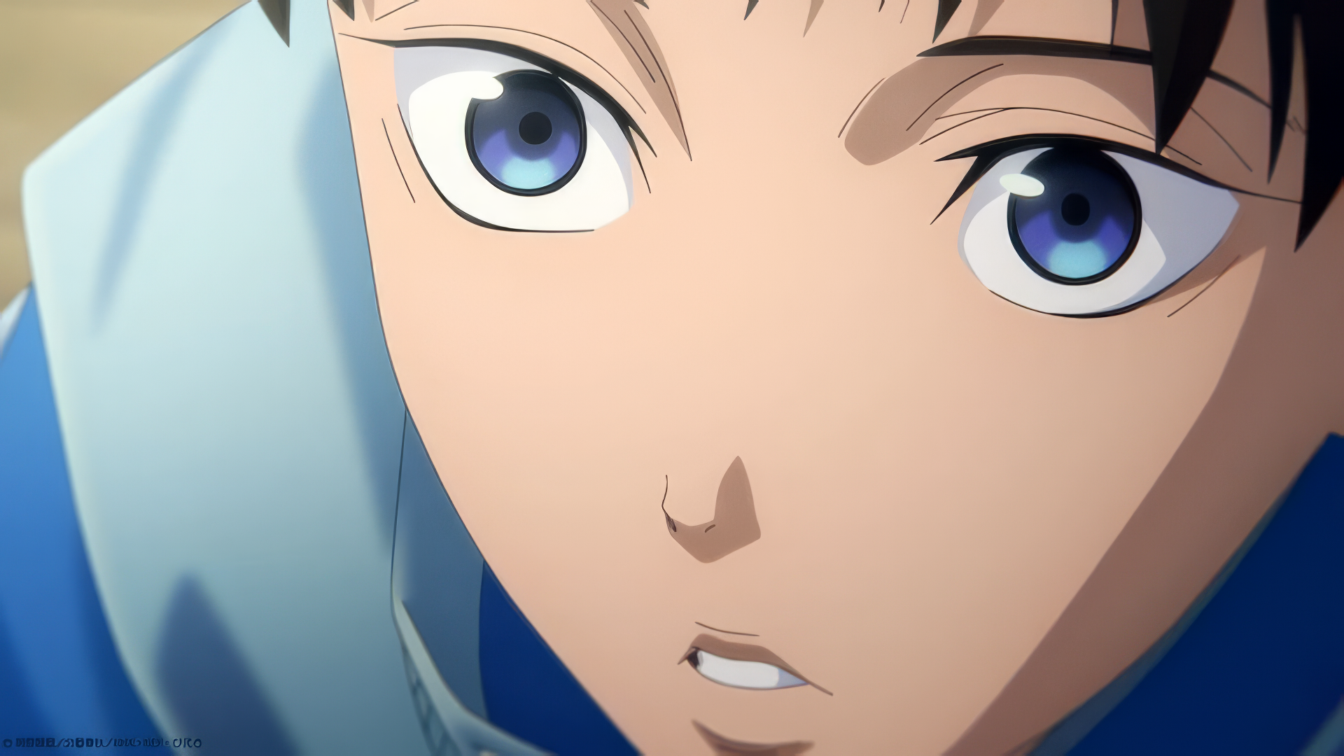 Close-up of a character with striking blue eyes, from the anime YATAGARASU: The Raven, serving as an engaging HD desktop wallpaper and background.