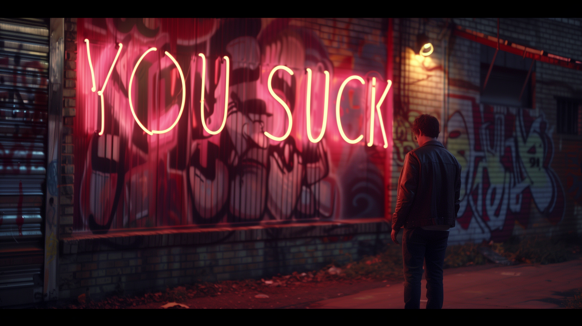 A humorous HD desktop wallpaper showing a person standing in front of a neon YOU SUCK sign with graffiti in the background.