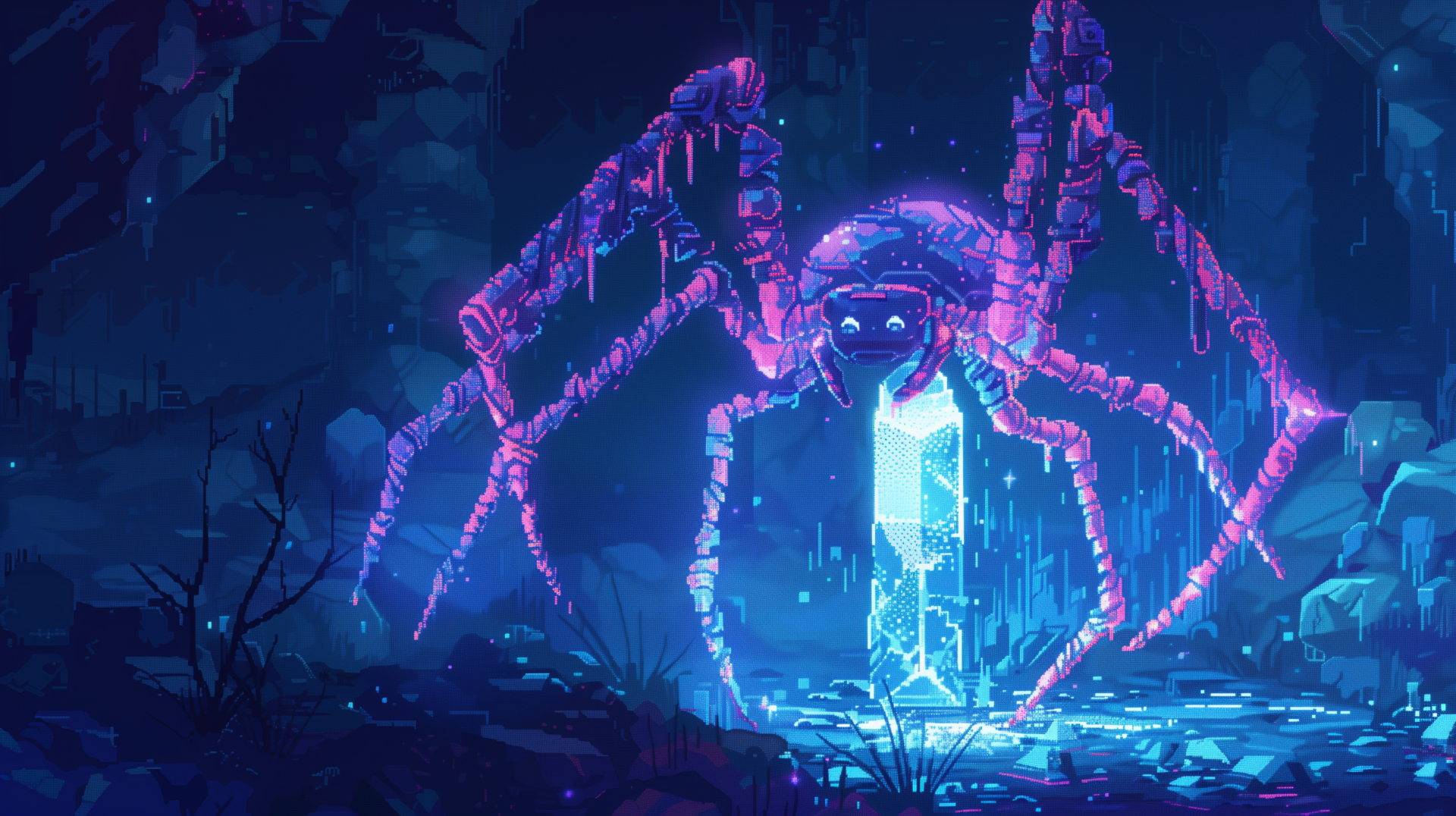 HD fantasy wallpaper featuring a neon-lit spider in a digital landscape.
