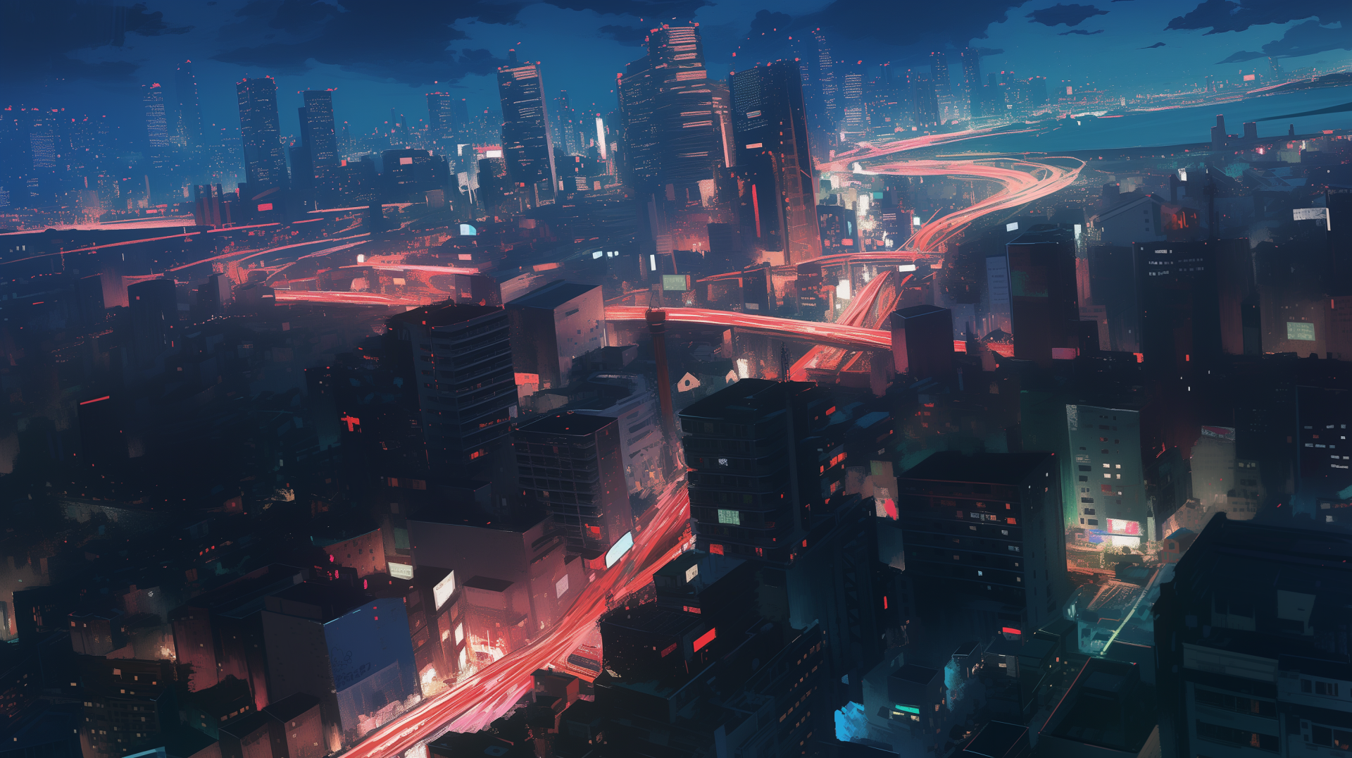 A vibrant artistic depiction of a city at night, showcasing illuminated skyscrapers and bustling streets, creating a striking HD desktop wallpaper and background.
