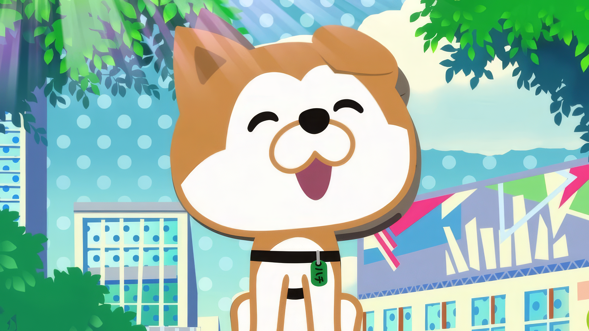 Happily smiling Shibuya Hachi anime character in an HD desktop wallpaper with a vibrant city background.