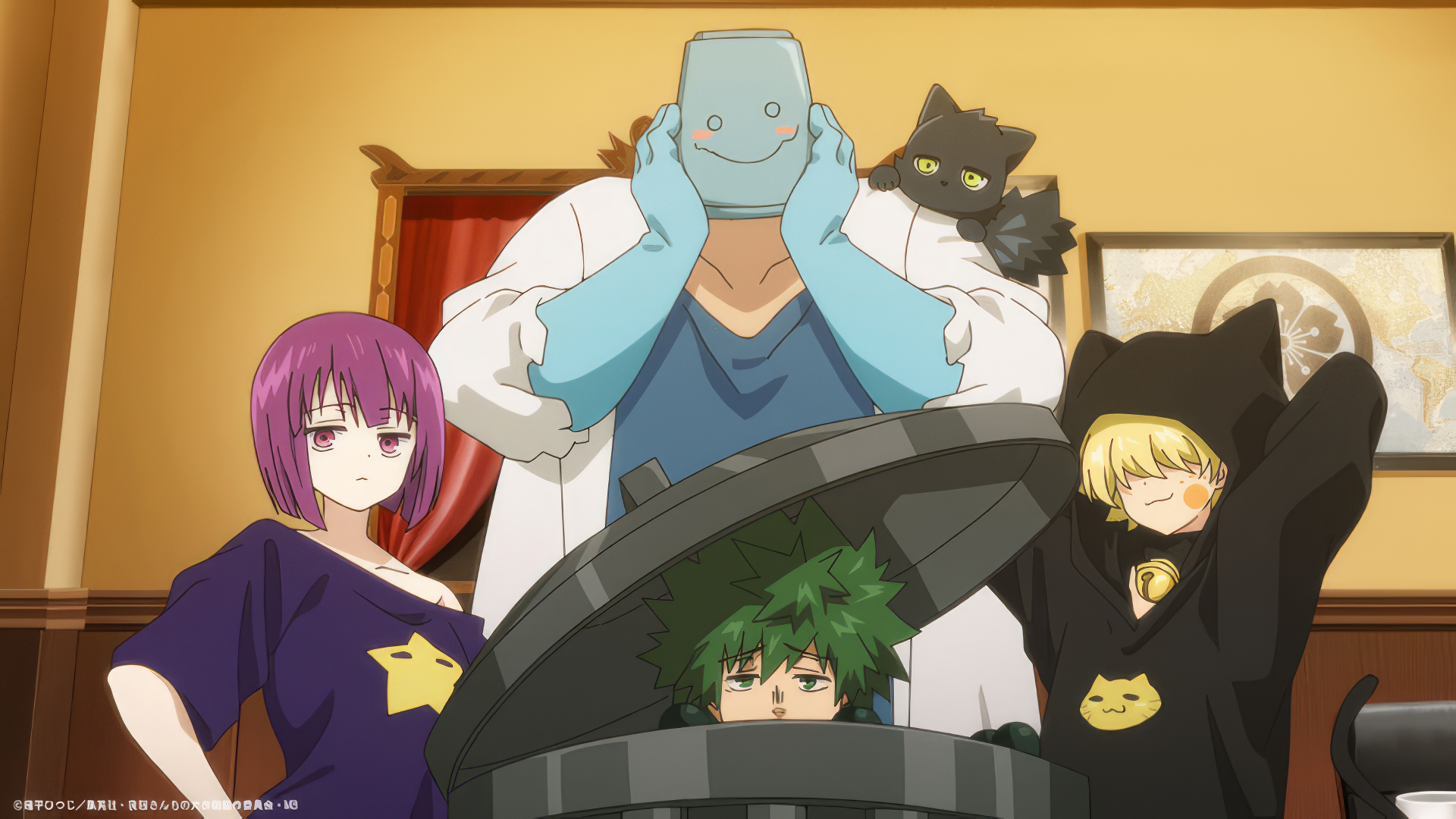 Anime-themed HD wallpaper from Mission: Yozakura Family, featuring characters in a humorous scene, including a character emerging from a trash can and others in playful poses.