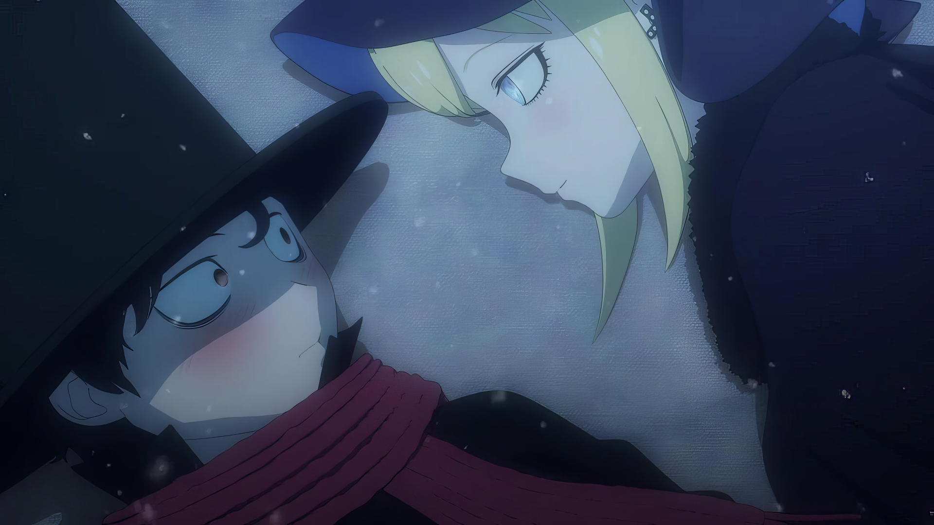 HD wallpaper featuring Alice Lendrott and Duke from The Duke of Death and His Maid anime, depicting a close-up of their emotional encounter with a starry night backdrop.