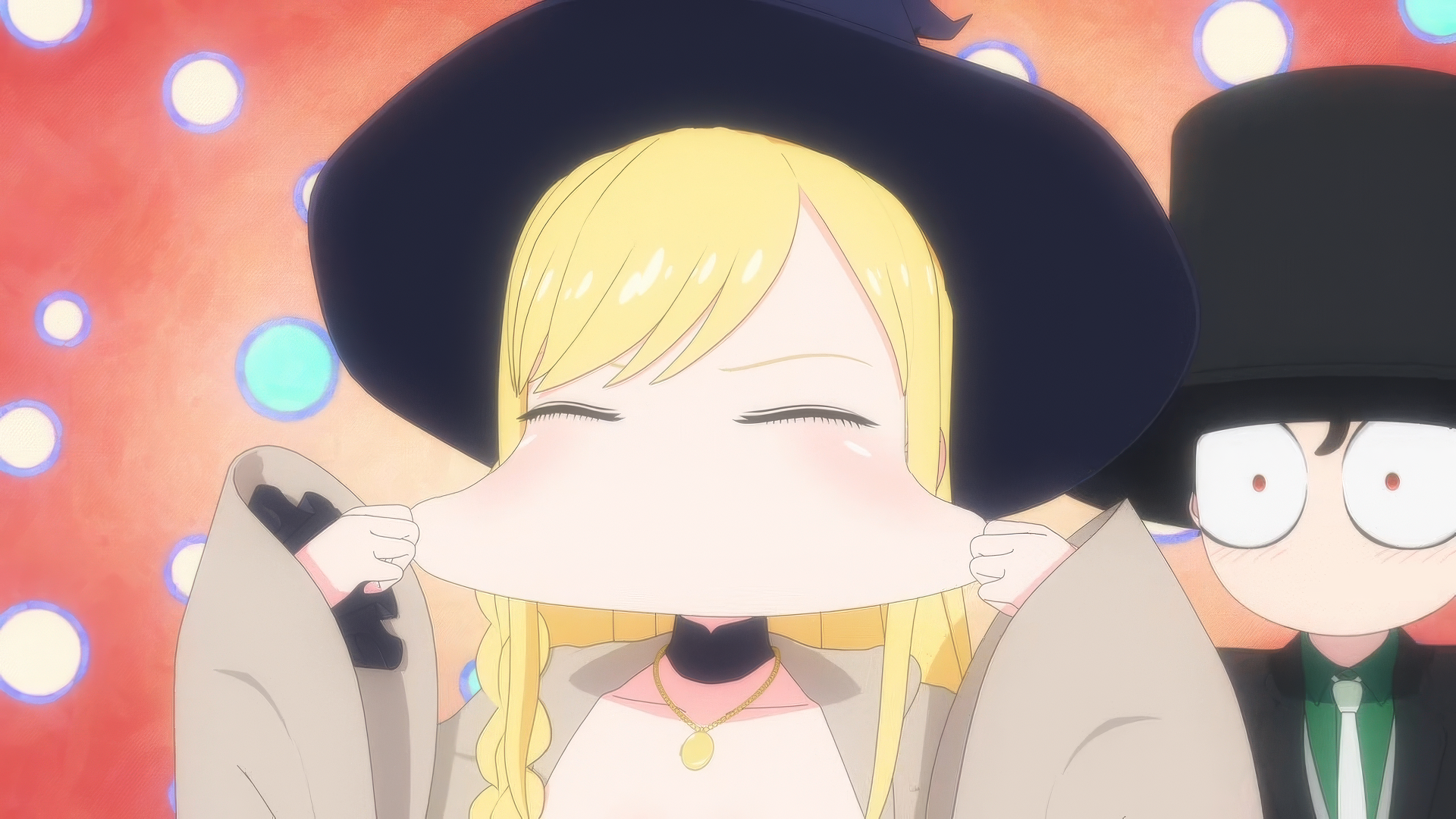 HD anime wallpaper featuring Alice Lendrott with a playful smile pulling her hat brim in front of a Duke character from The Duke of Death and His Maid with soft, glowing lights in the background.