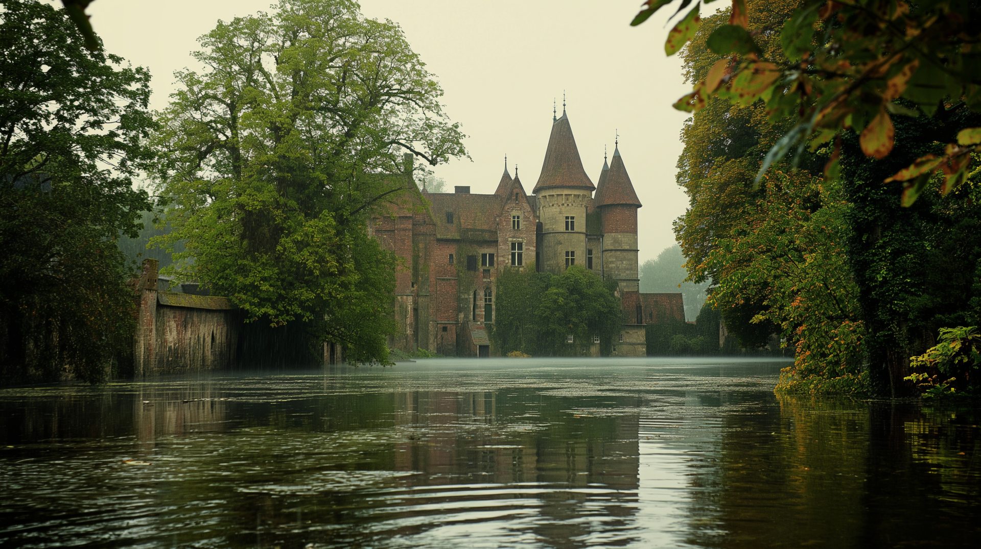 HD wallpaper of a majestic castle surrounded by floodwaters, reflecting in the water amidst a serene forested landscape.