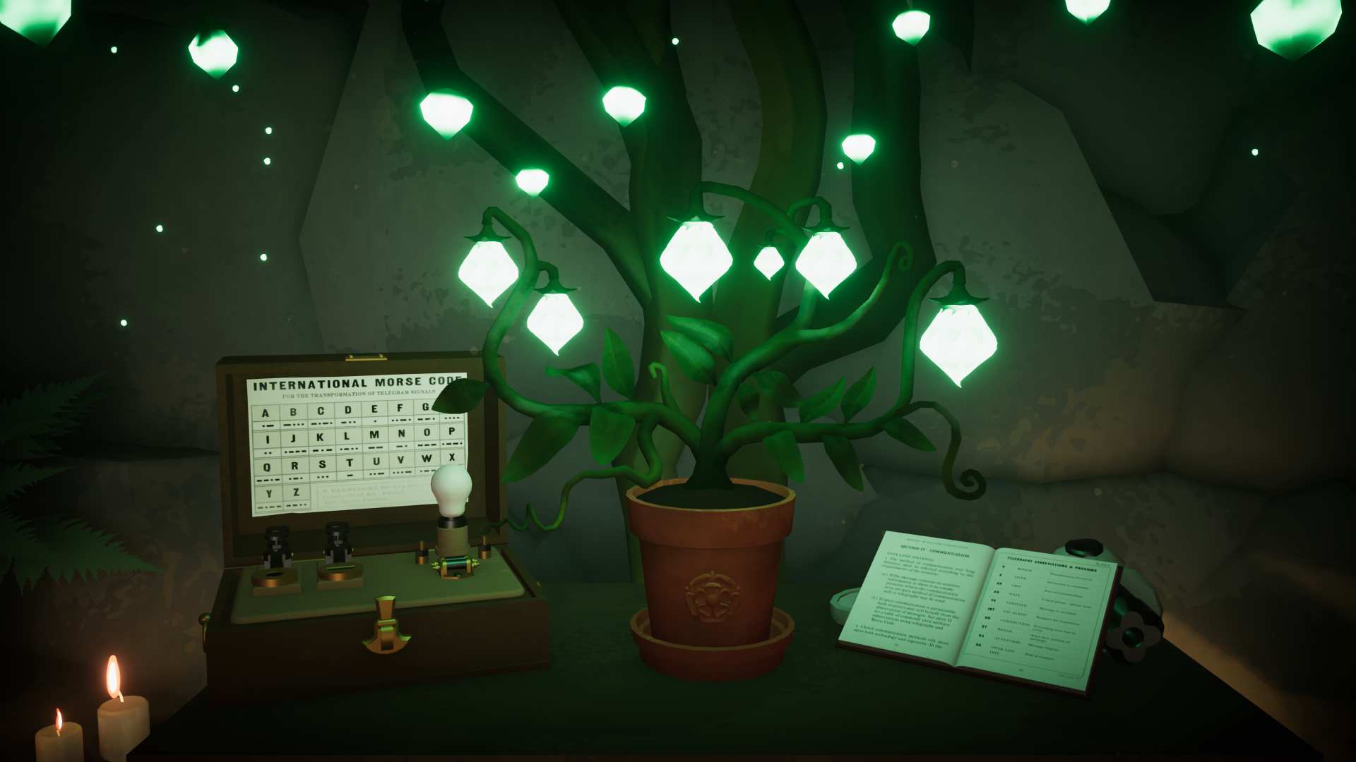 A mystical green plant with glowing leaves stands beside a vintage apparatus and an open book, set in an enchanting scene from the video game Botany Manor. HD desktop wallpaper.