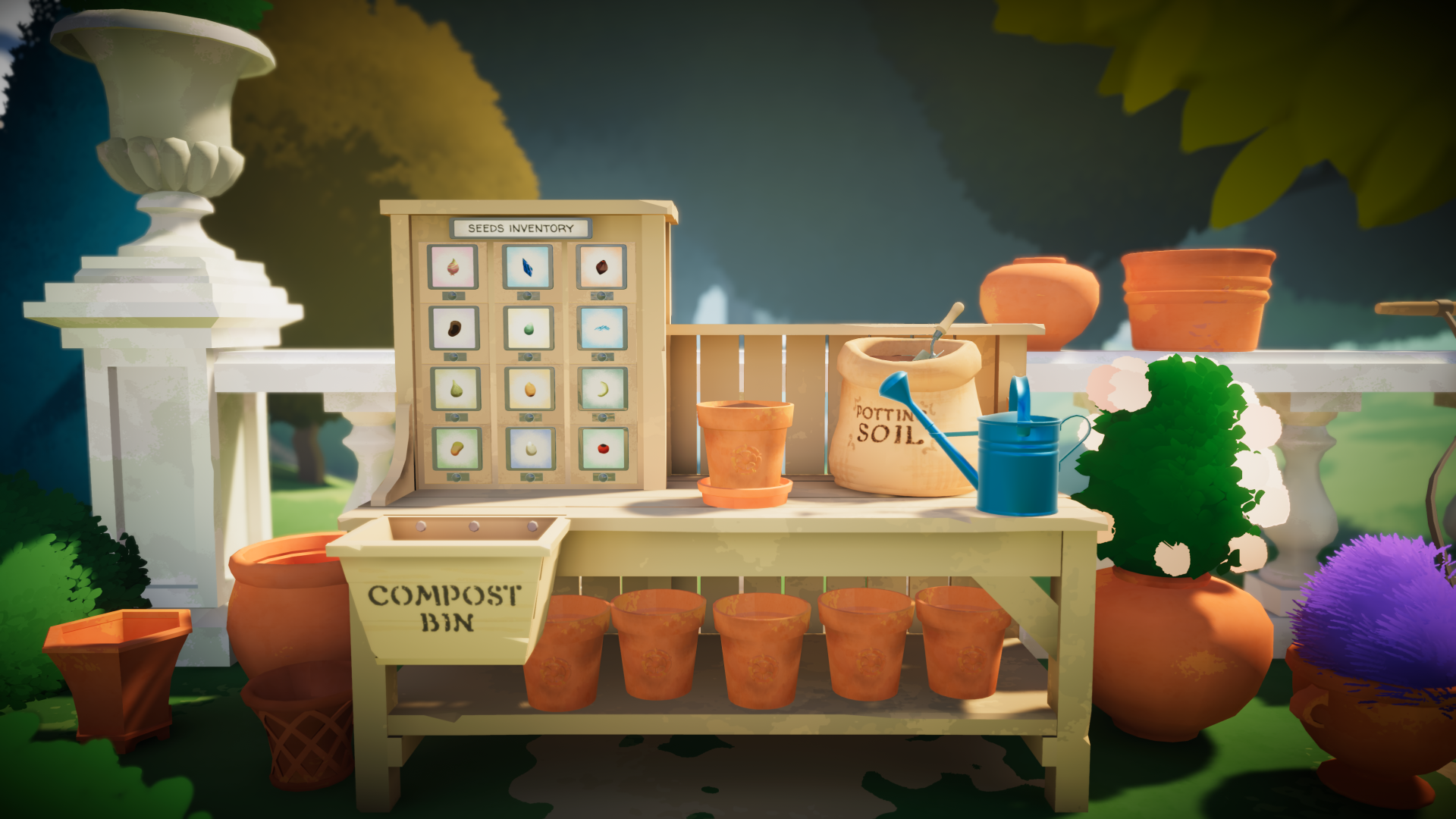 HD wallpaper of Botany Manor video game featuring a gardening table with pots, soil, and a compost bin.