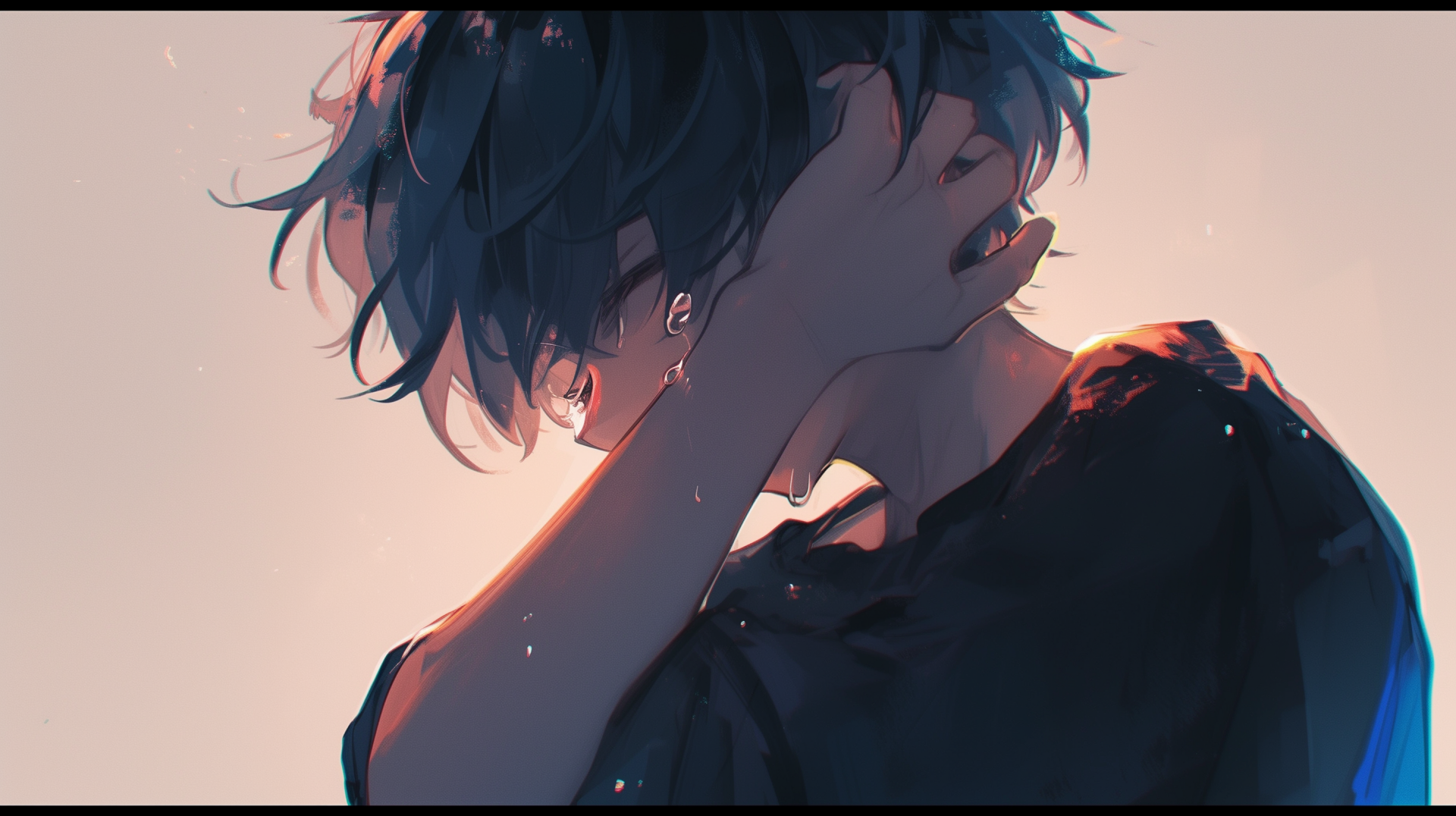 A sad anime boy is shown crying, holding his head in despair. This striking HD wallpaper captures deep emotion, making it a compelling background for anime enthusiasts.