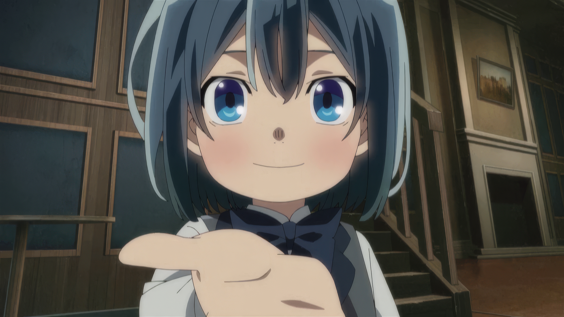 HD anime wallpaper featuring a character from 'As a Reincarnated Aristocrat I’ll Use My Appraisal Skill' with bright blue eyes, smiling in a grand room.