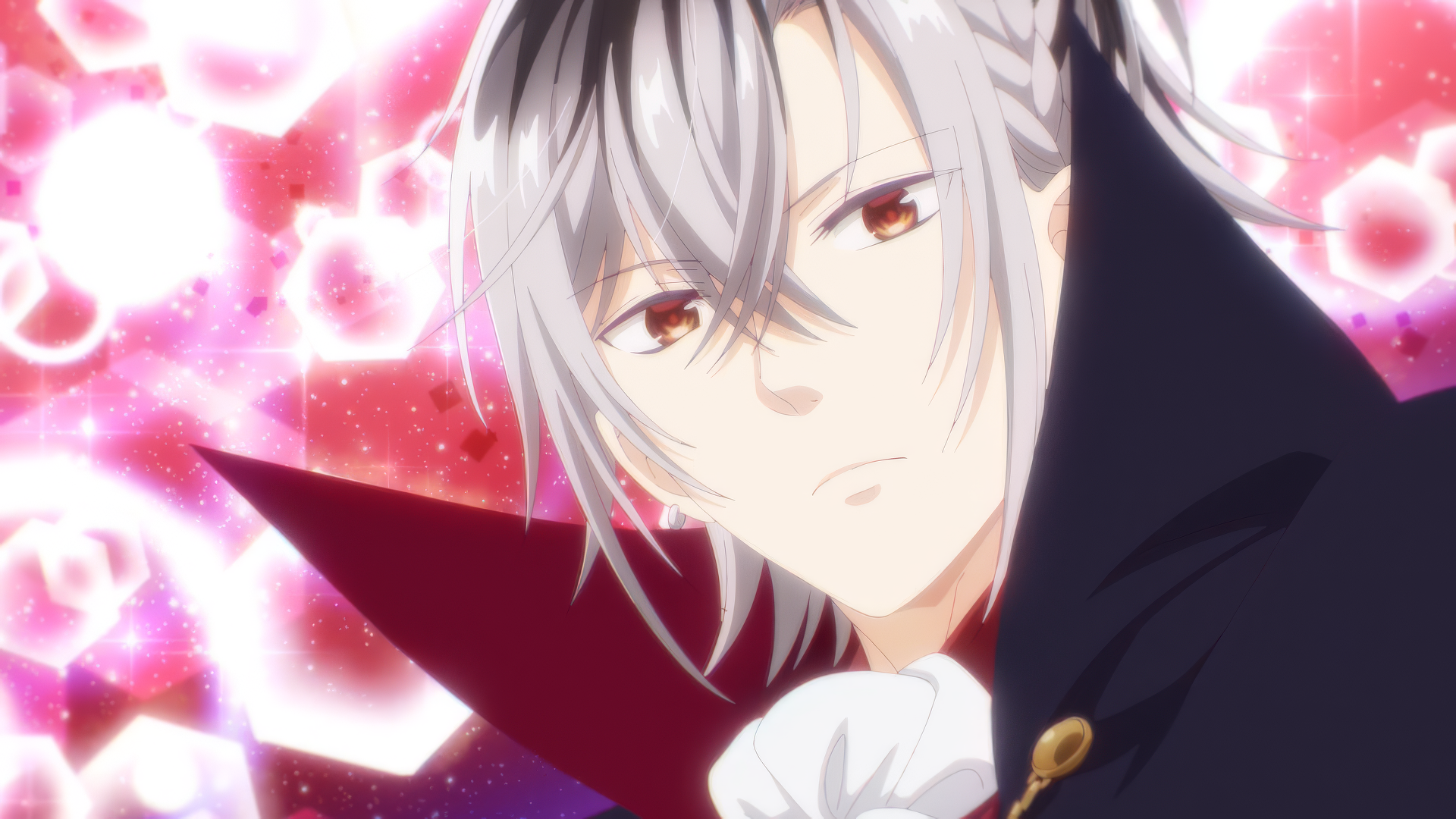 HD wallpaper of an anime vampire character with silver hair and a mysterious gaze, from Vampire Dormitory, against a backdrop of pink blossoms.