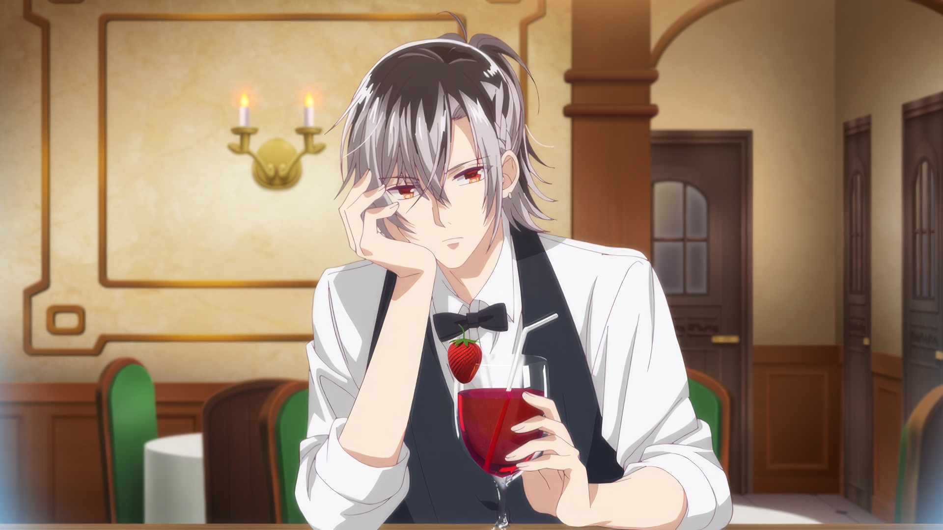HD Anime Vampire Dormitory wallpaper featuring a charming male character with silver hair, holding a wine glass, set in an elegant dining room.
