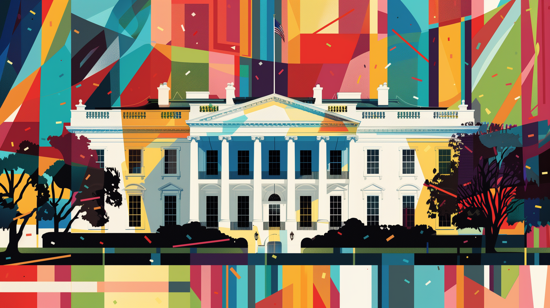 Colorful, abstract-art style HD wallpaper of the White House with American flag elements in the background.