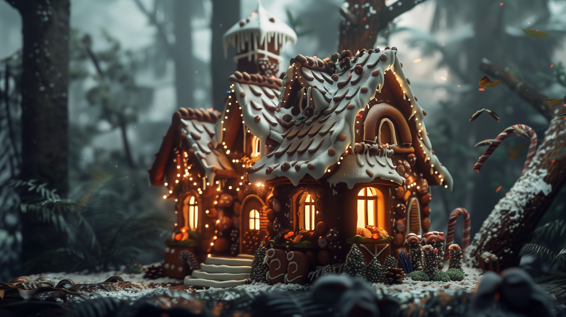HD desktop wallpaper of a whimsical gingerbread house with glowing windows in a snowy forest setting.