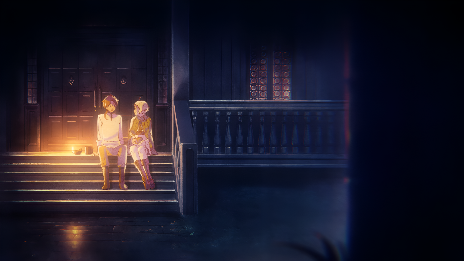 Anime-style 4K Ultra HD wallpaper featuring Rudeus Greyrat and Sylphiette from Mushoku Tensei: Jobless Reincarnation sitting together on illuminated steps at night.