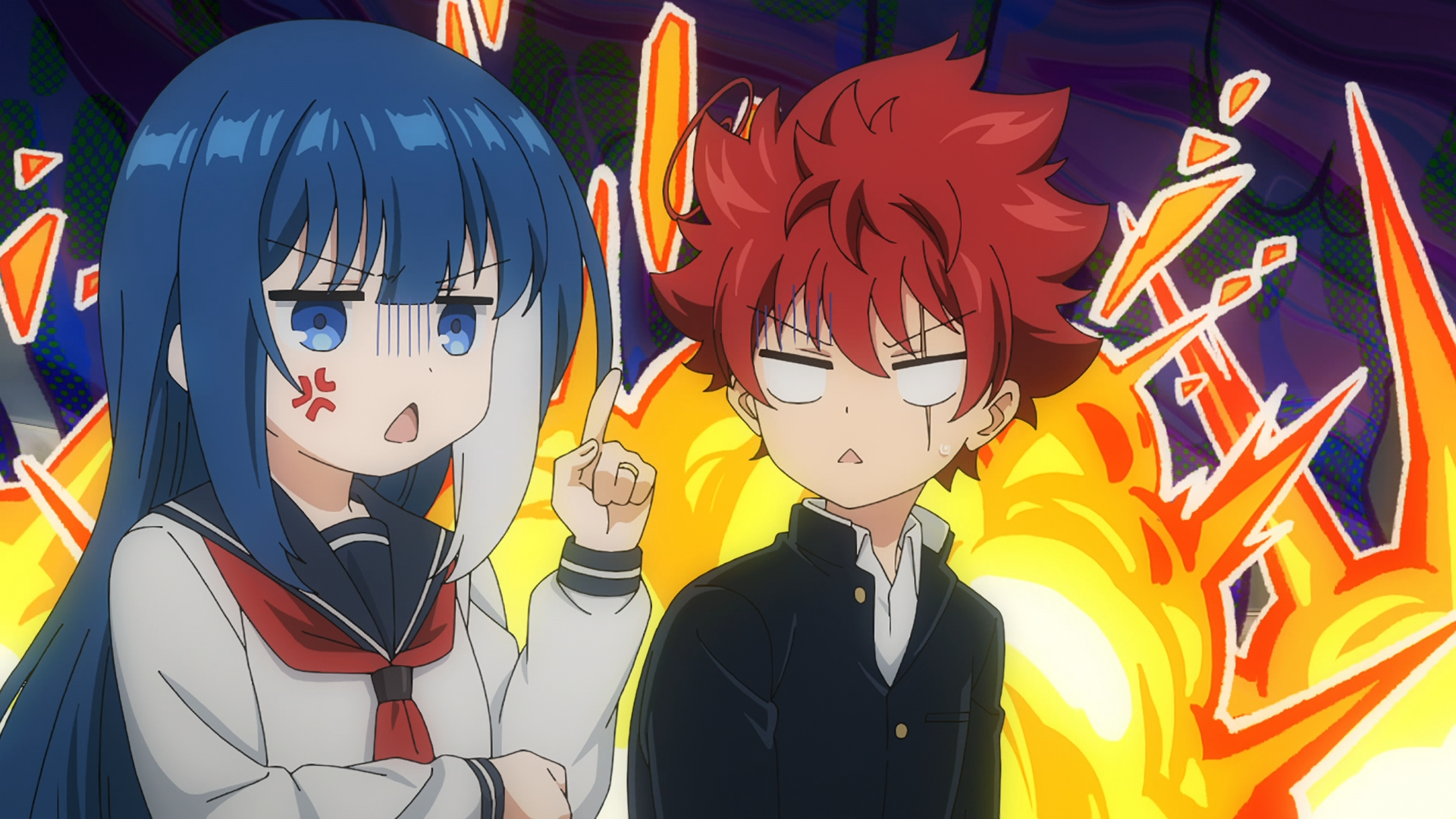 HD anime wallpaper featuring Mutsumi Yozakura and Taiyo Asano from Mission: Yozakura Family with vibrant expressions and a fiery background.