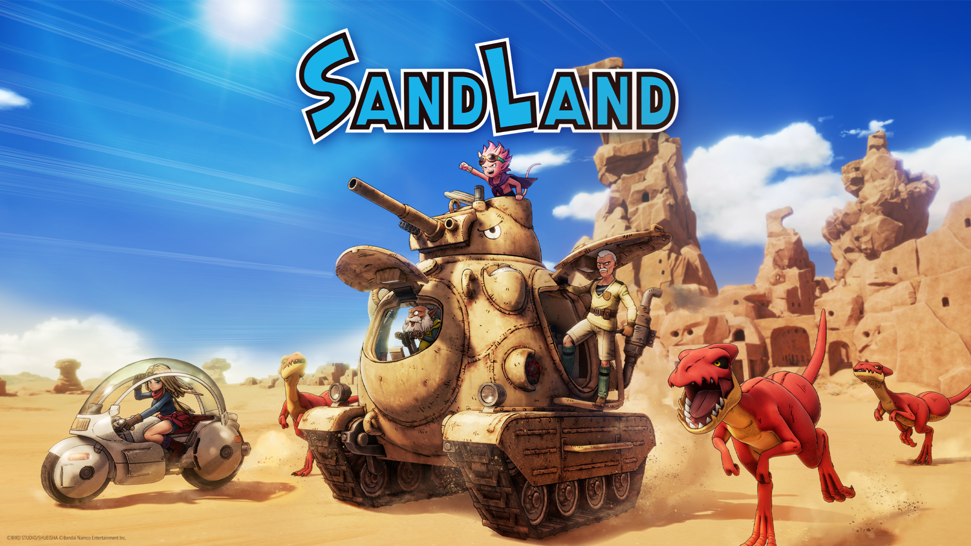 HD desktop wallpaper of Sand Land video game featuring characters and a tank in a desert setting.