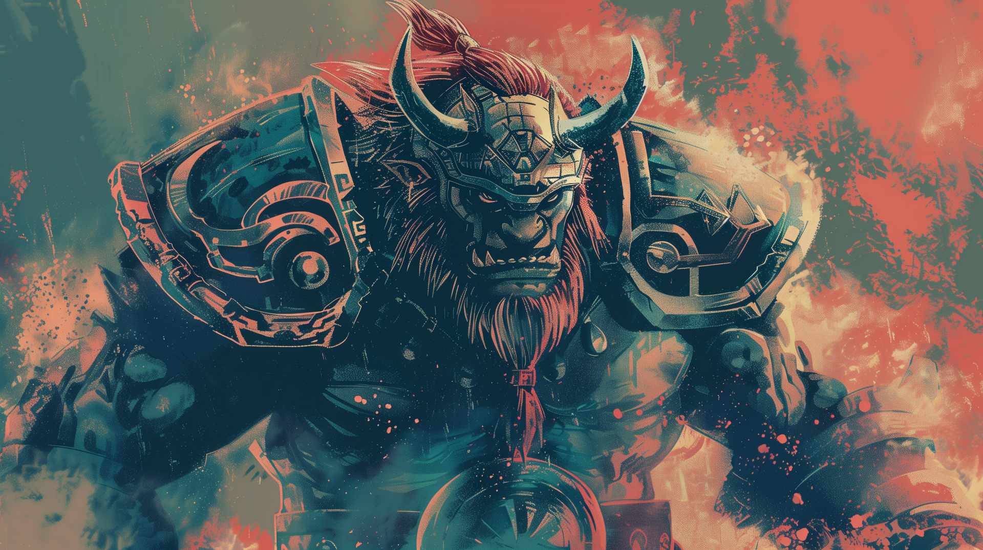 HD desktop wallpaper depicting Ganon from The Legend of Zelda video game series, rendered in a dynamic, artistic style with a vivid red and blue color palette.