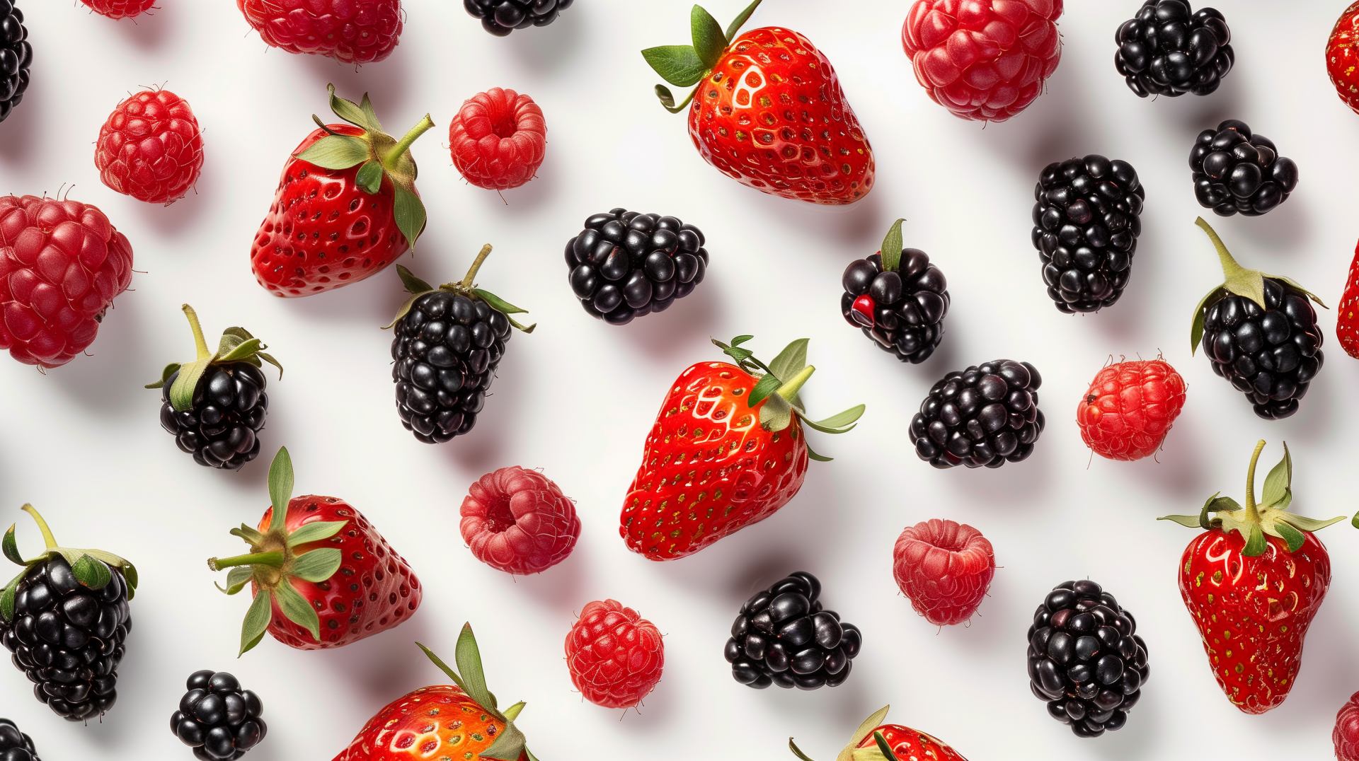 HD desktop wallpaper featuring an assortment of fresh strawberries, raspberries, and blackberries scattered on a white background.