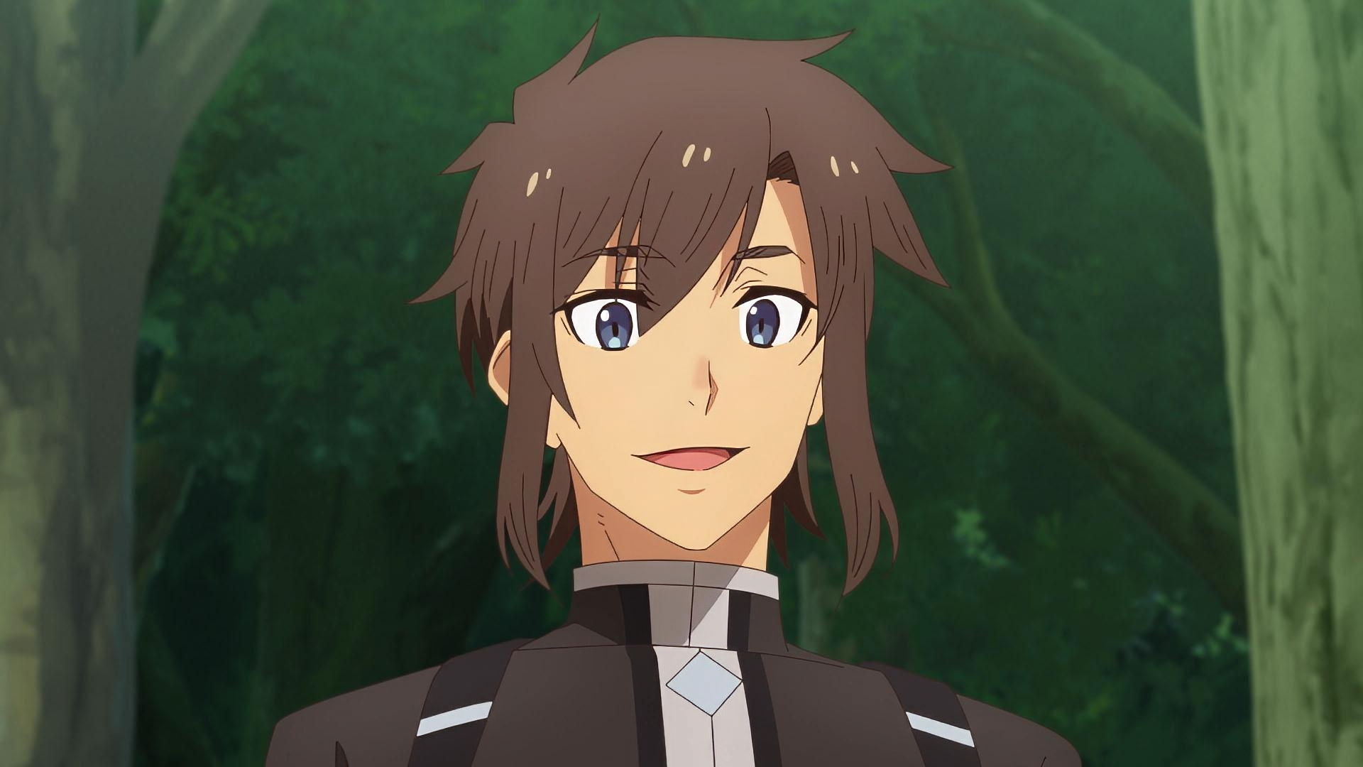 HD desktop wallpaper of a smiling male anime character from Chillin' in Another World with Level 2 Super Cheat Powers with a backdrop of a green forest.