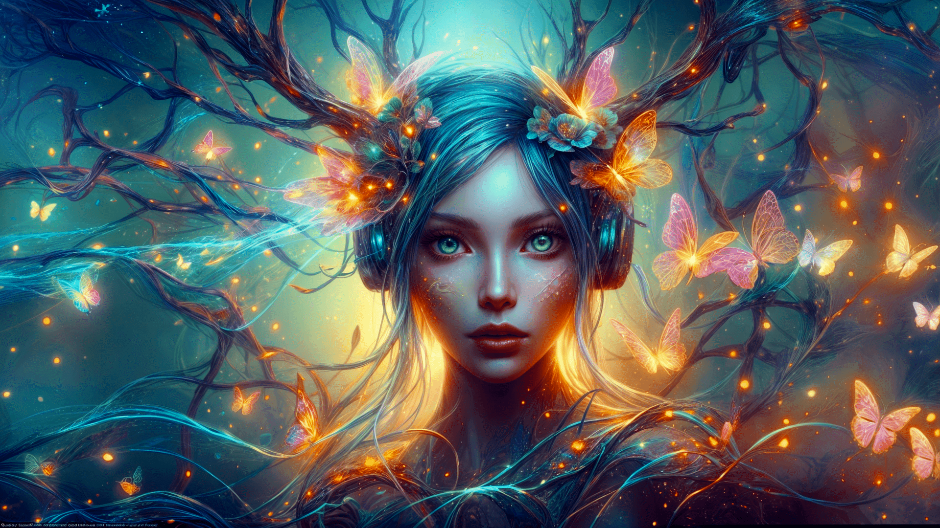 HD PC desktop wallpaper featuring a Butterfly Girl with vibrant blue hair surrounded by glowing butterflies and intricate tree branches in a mystical, luminous setting.