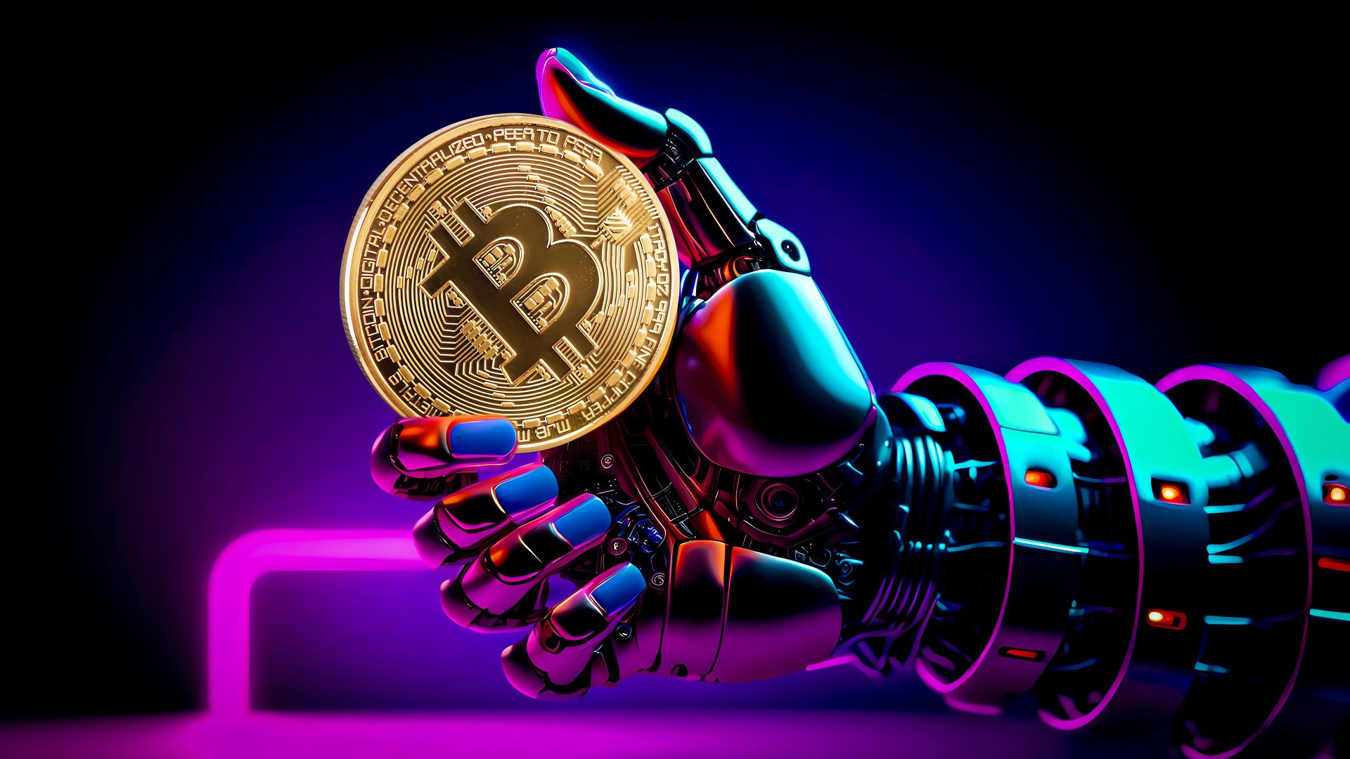A robot hand holding a Bitcoin with a colorful neon background. HD desktop wallpaper.