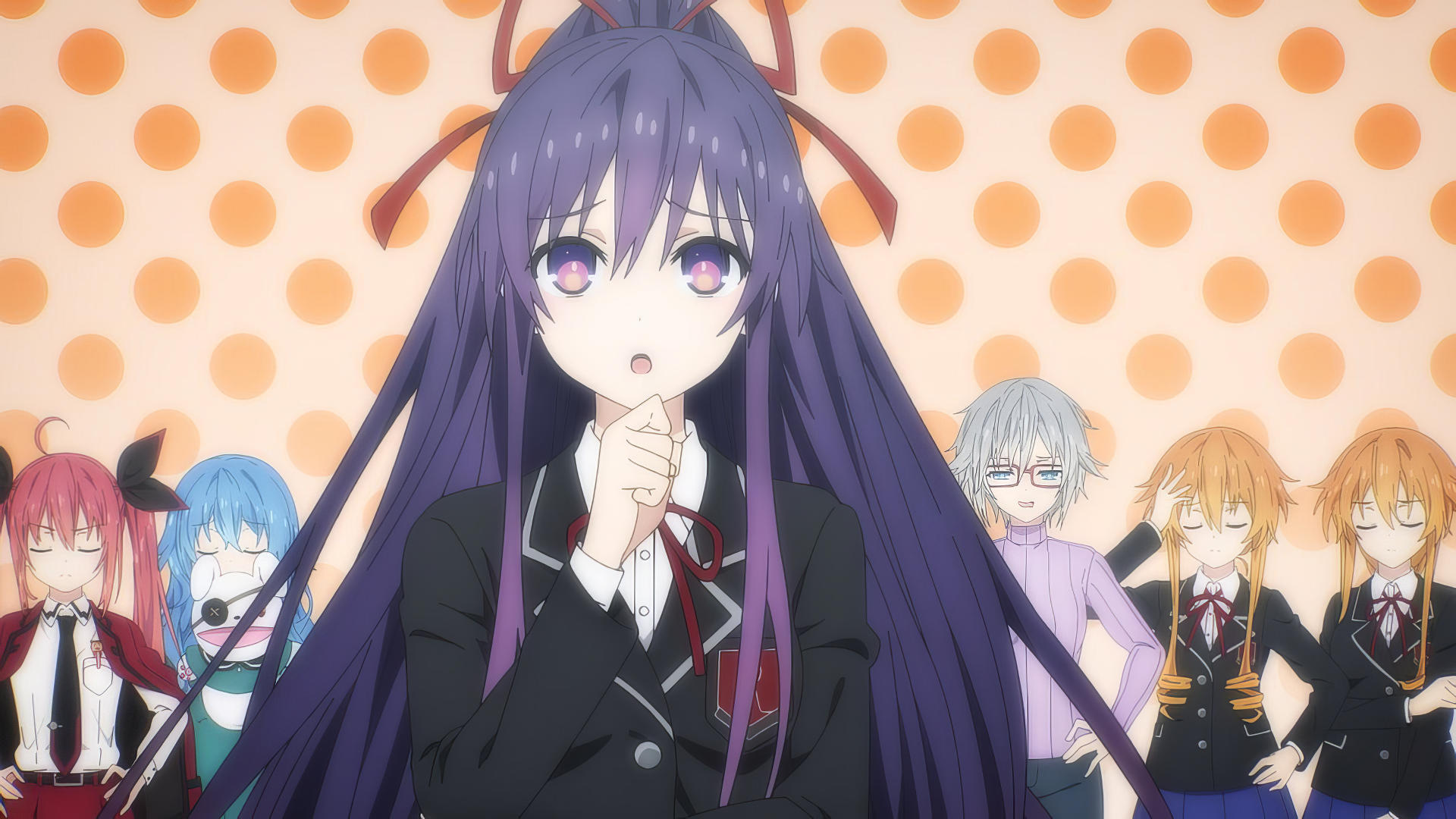 HD wallpaper featuring anime characters from Date A Live, with Kurumi Tokisaki in the foreground showing her iconic eye and Tohka Yatogami behind her among other characters, set against a background with orange polka dots.