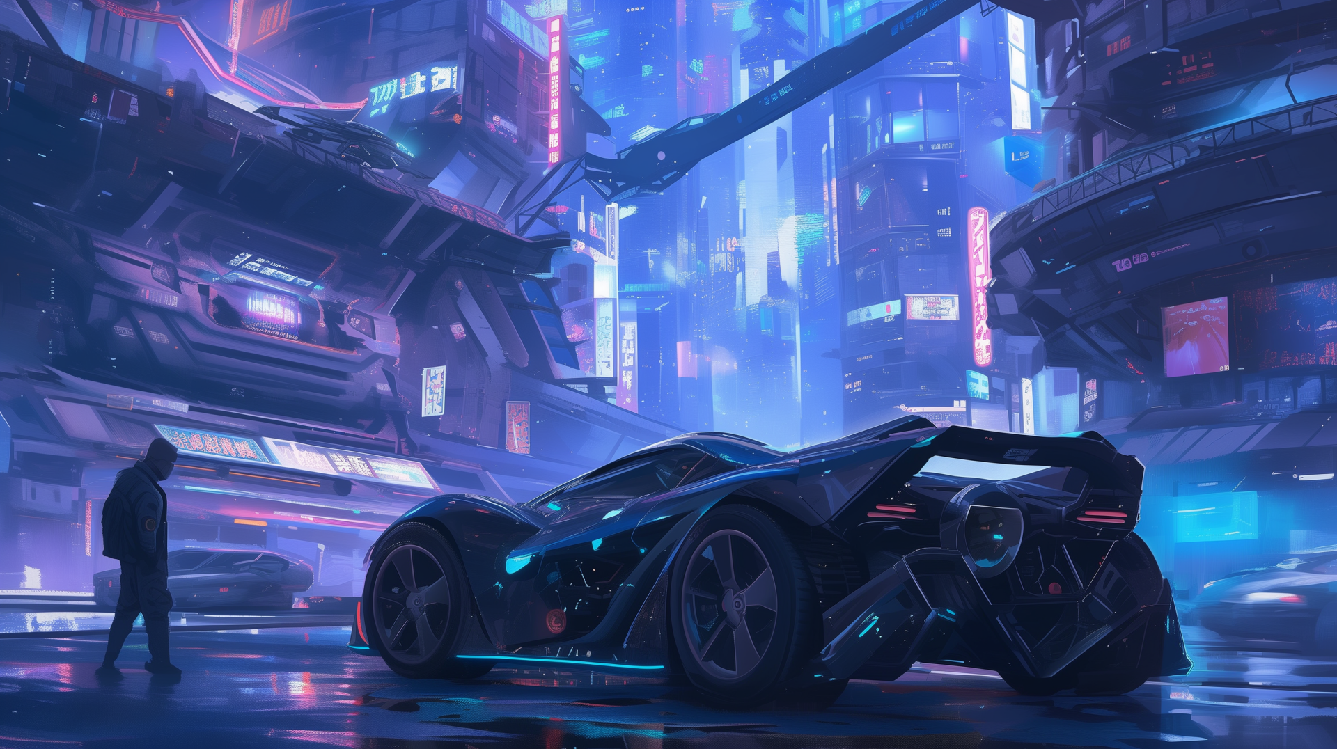 HD anime wallpaper of a futuristic cyberpunk cityscape with a sleek anime car and a figure standing beside it.