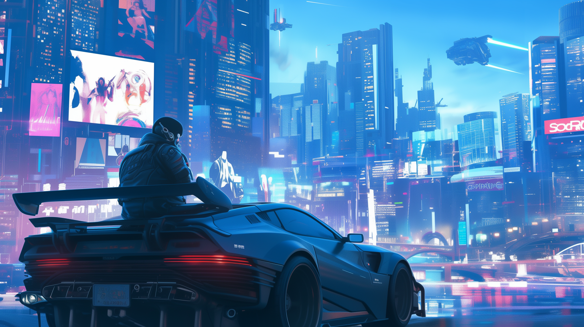 A futuristic vehicle is parked in a vibrant cityscape, with towering skyscrapers and neon lights illuminating the scene. A figure sits atop the car, adding to the HD desktop wallpaper's allure.