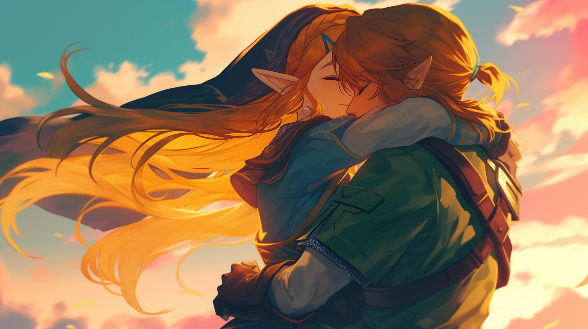 HD desktop wallpaper featuring Link and Zelda from The Legend of Zelda sharing an embrace against a warm, sunset sky background.