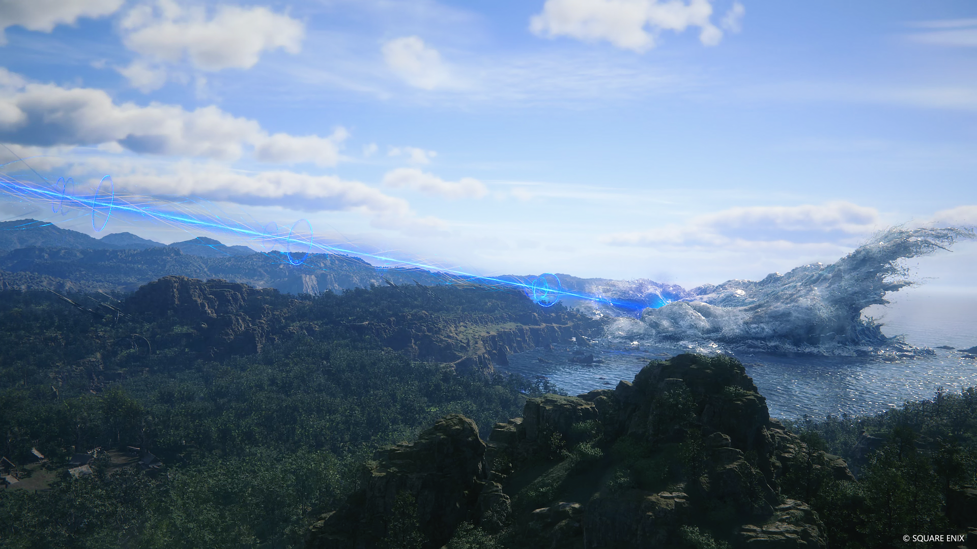 HD desktop wallpaper from Final Fantasy XVI featuring a stunning landscape with forests, mountains, and a mystical blue light in the sky.