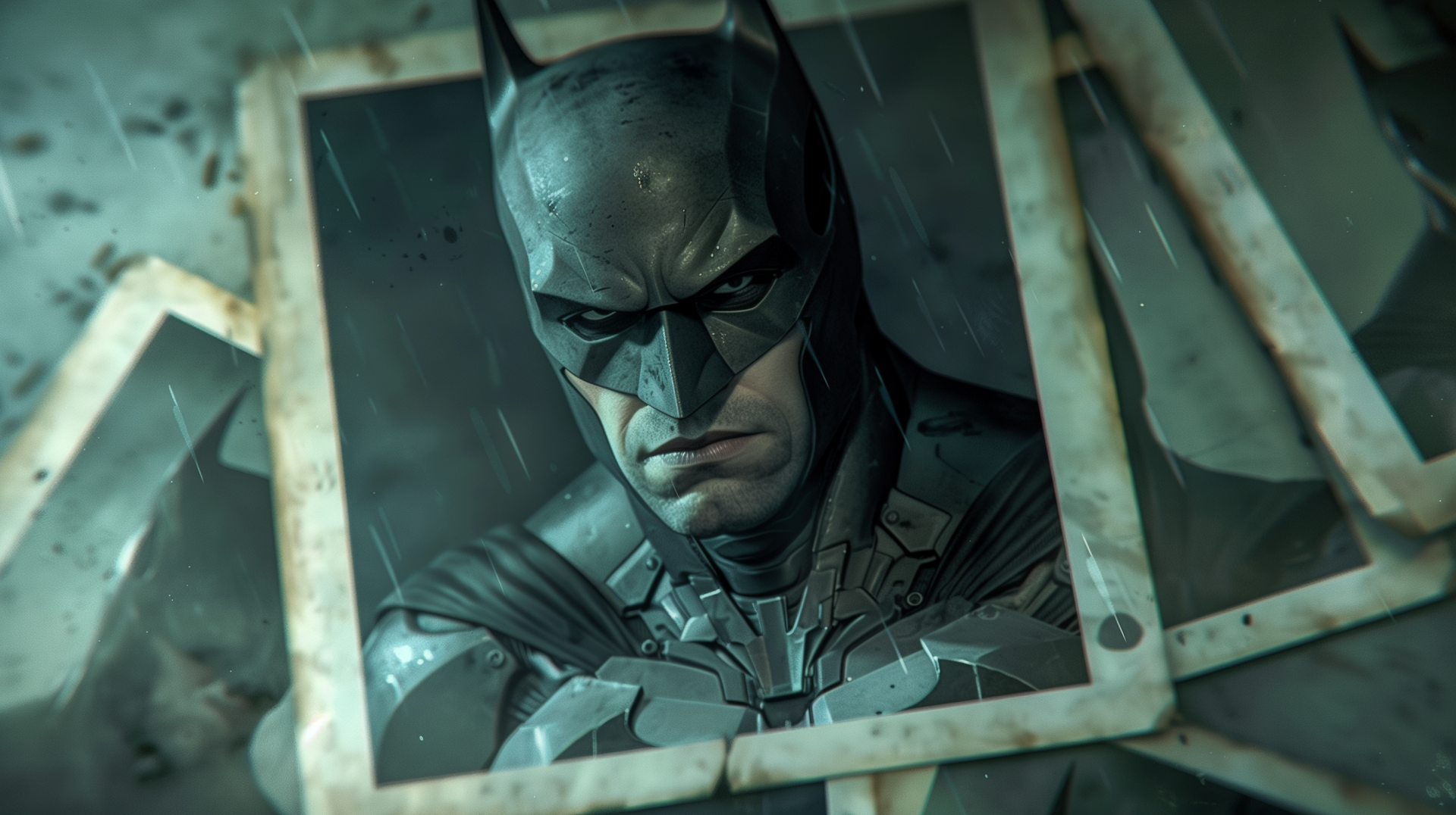An HD desktop wallpaper featuring an intense and detailed illustration of superhero Batman in a stylized comic look, with a shadowy and atmospheric backdrop.