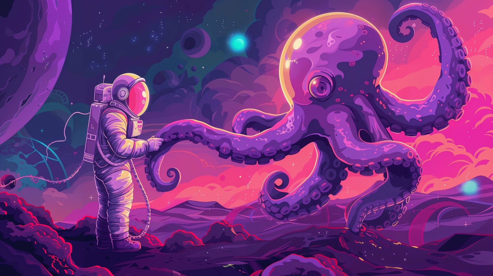 HD desktop wallpaper of a sci-fi scene featuring an astronaut encountering a large octopus on an otherworldly purple landscape, with a stylized planet and stars in the background.