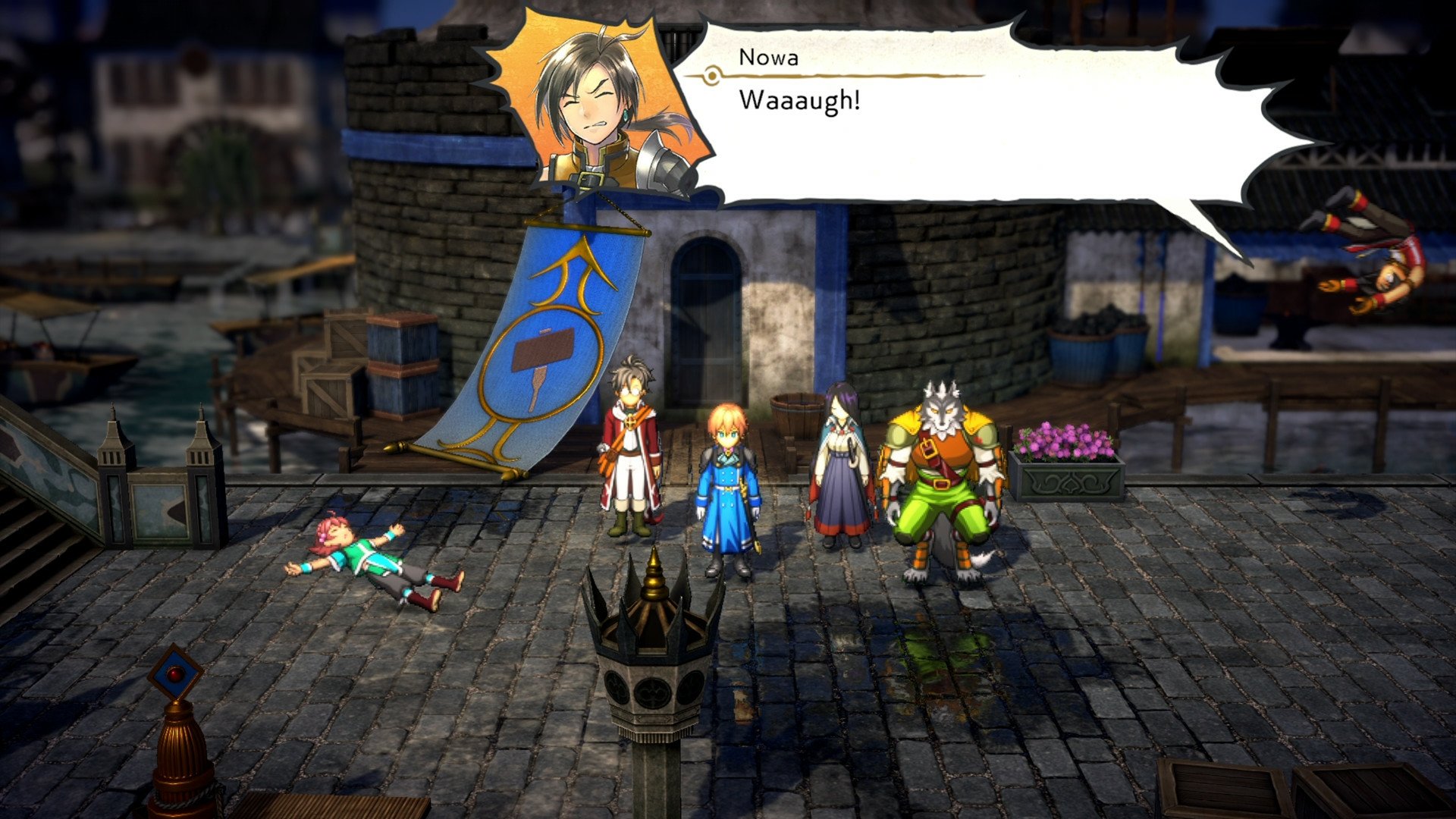 HD desktop wallpaper featuring a scene from the video game Eiyuden Chronicle: Hundred Heroes, showing animated characters in a medieval town setting with a dialogue box displaying the character Nova exclaiming Waaugh!