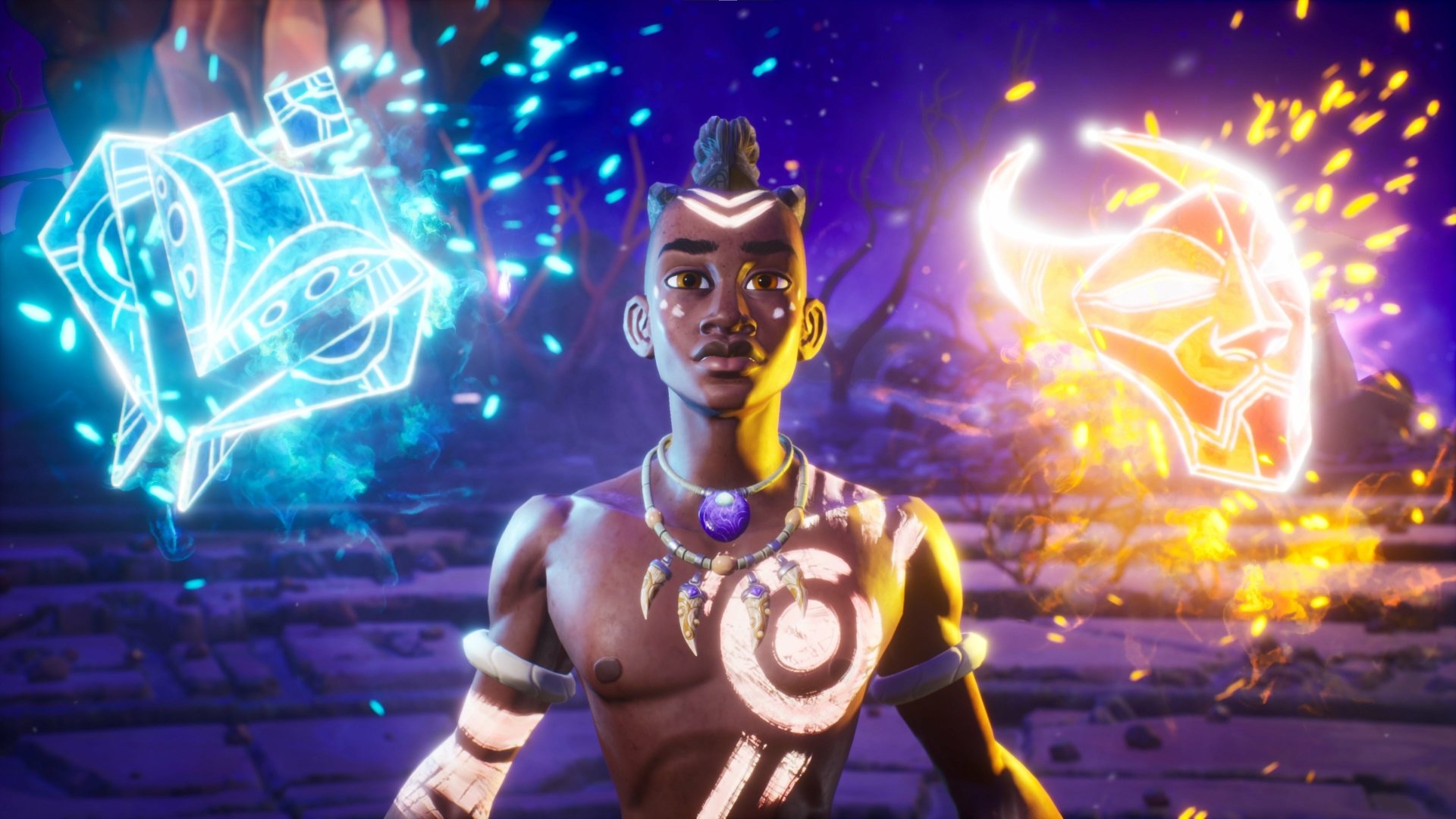 HD desktop wallpaper from the video game Tales Of Kenzera: Zau featuring a character with tribal markings standing in front of vibrant, magical symbols.