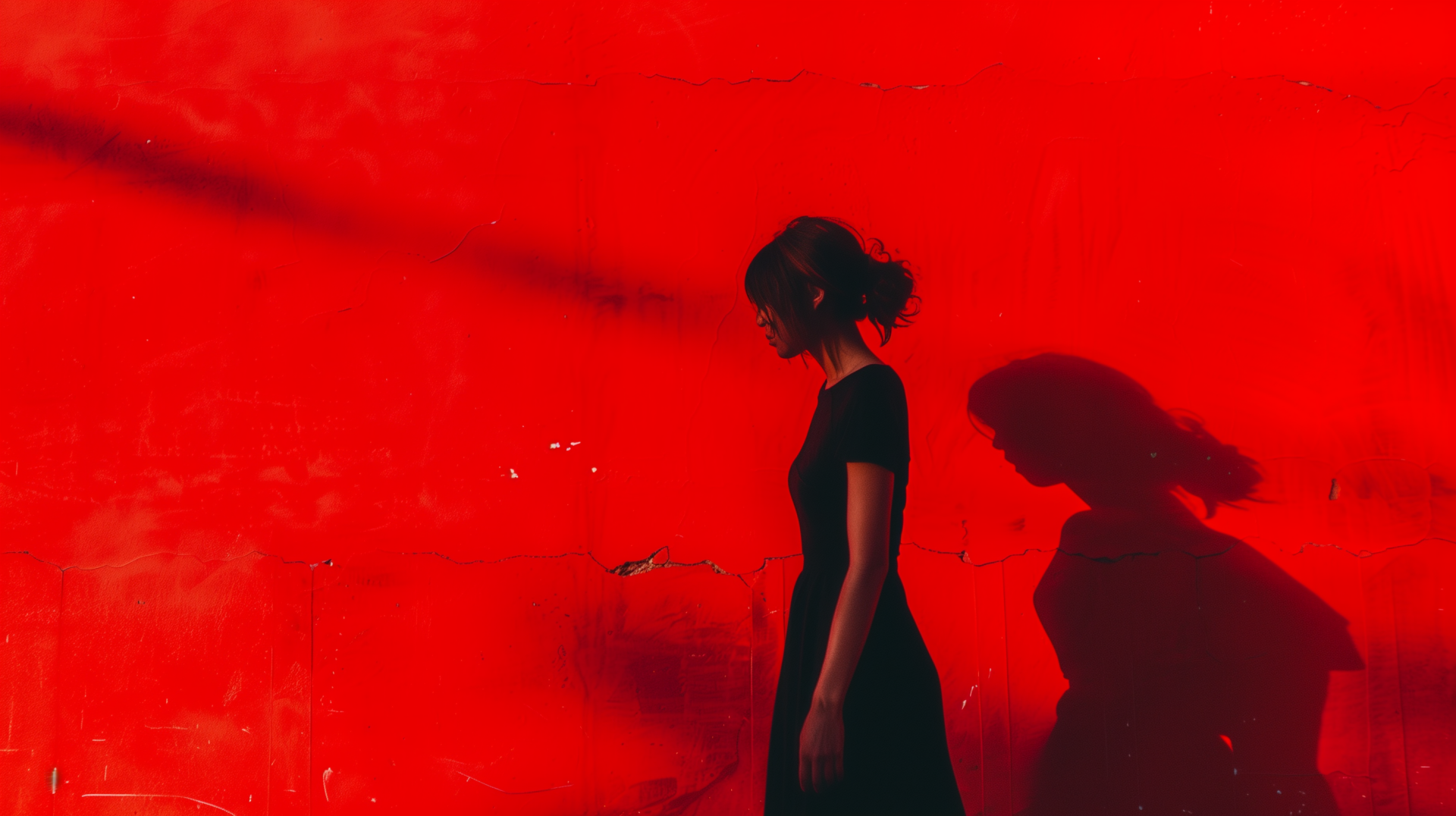 A silhouette of a woman against a vibrant red background, creating a moody and artistic desktop wallpaper with a red aesthetic.