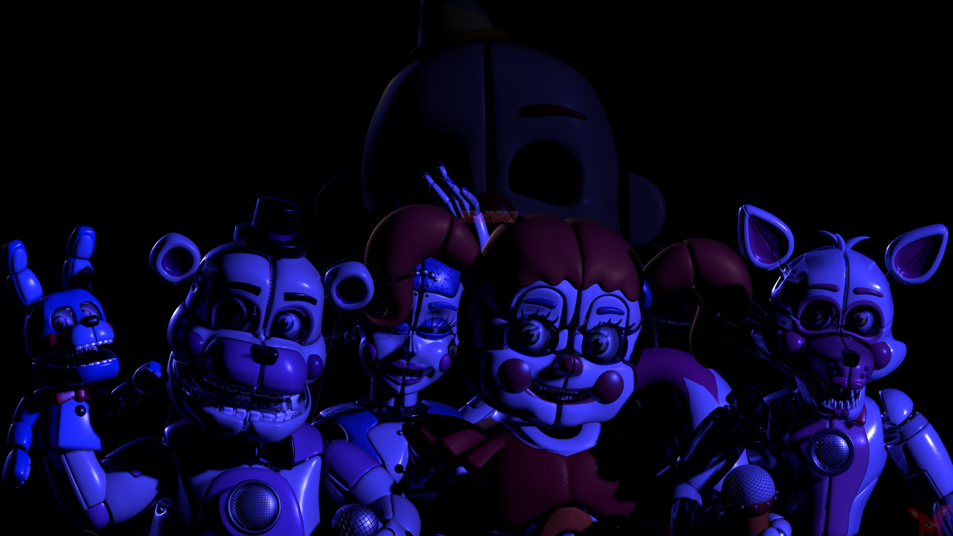 High-definition 8K PC wallpaper featuring animatronic characters from Five Nights at Freddy's: Sister Location in dark, eerie lighting.
