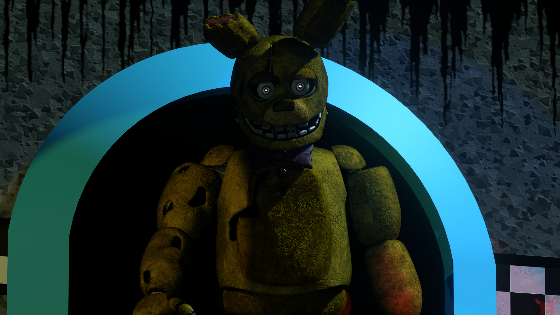 8K Ultra HD desktop wallpaper featuring an eerie animatronic from Five Nights at Freddy's 2, set against a dark, textured background with a glowing blue arch.