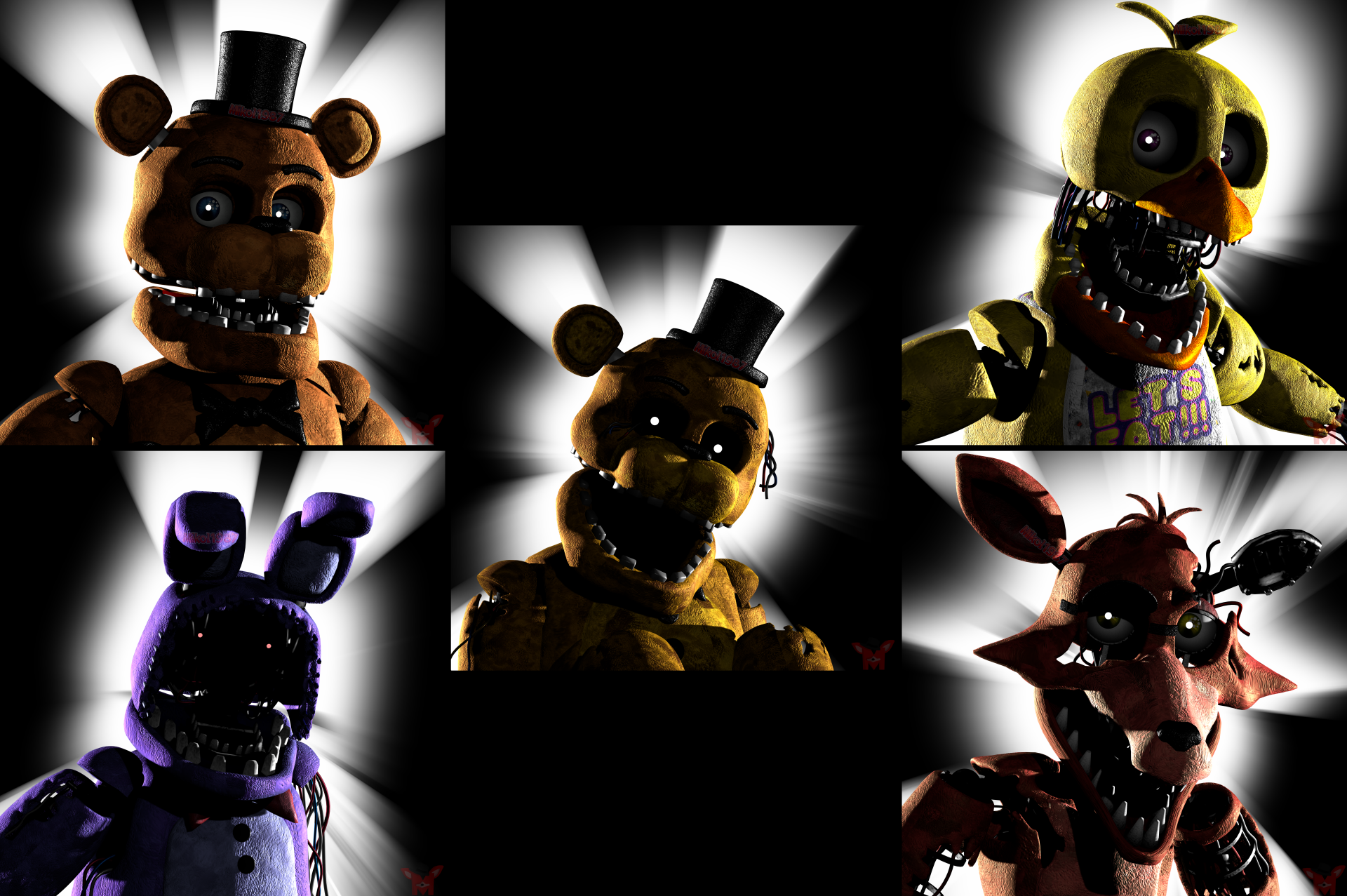 An 8K Ultra HD desktop wallpaper featuring animatronics from Five Nights at Freddy's 2 and Five Nights at Freddy's, with intense lighting highlighting their eerie details.