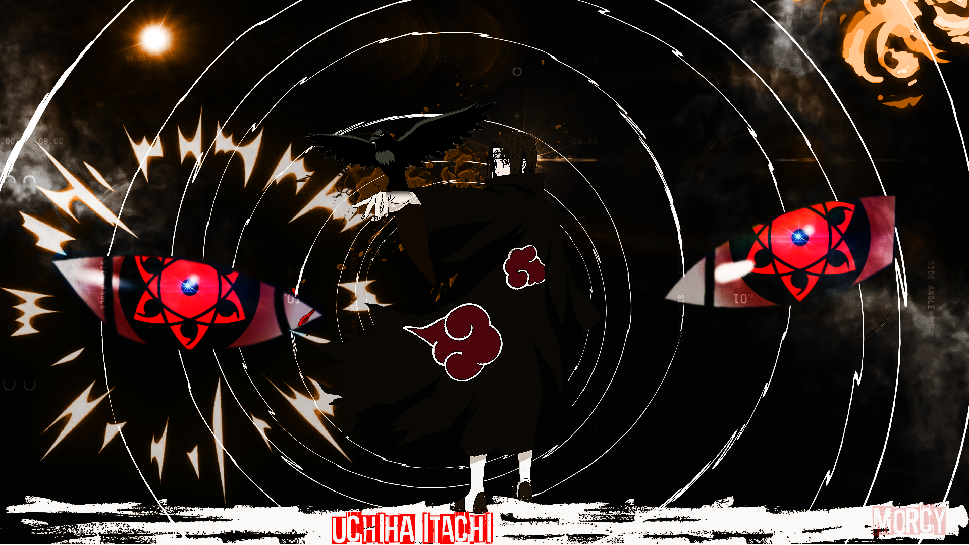 HD desktop wallpaper featuring Itachi Uchiha from the Uchiha Clan in Naruto, with crows and Madara Uchiha's iconic eyes in a dark, intense design.