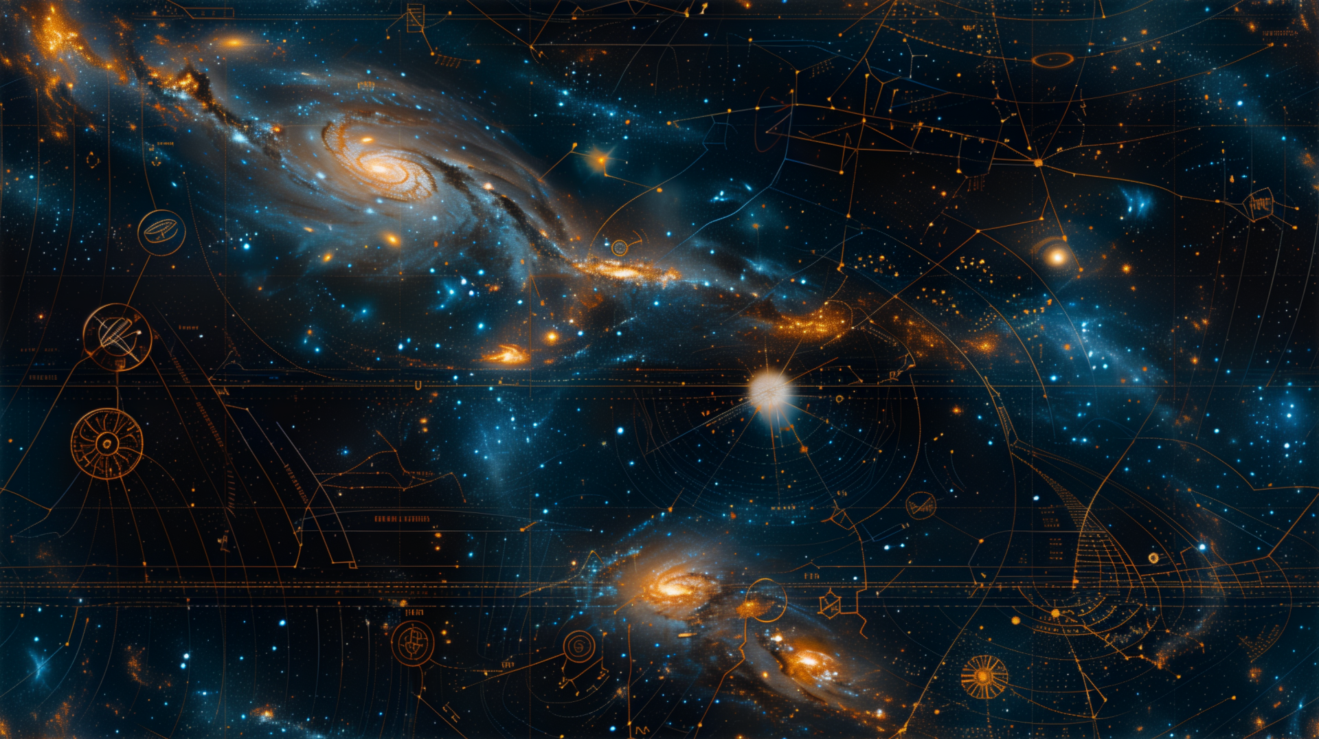 HD desktop wallpaper featuring an artistic depiction of space with galaxies, stars, and constellations overlaid with intricate astronomical diagrams and celestial coordinates.