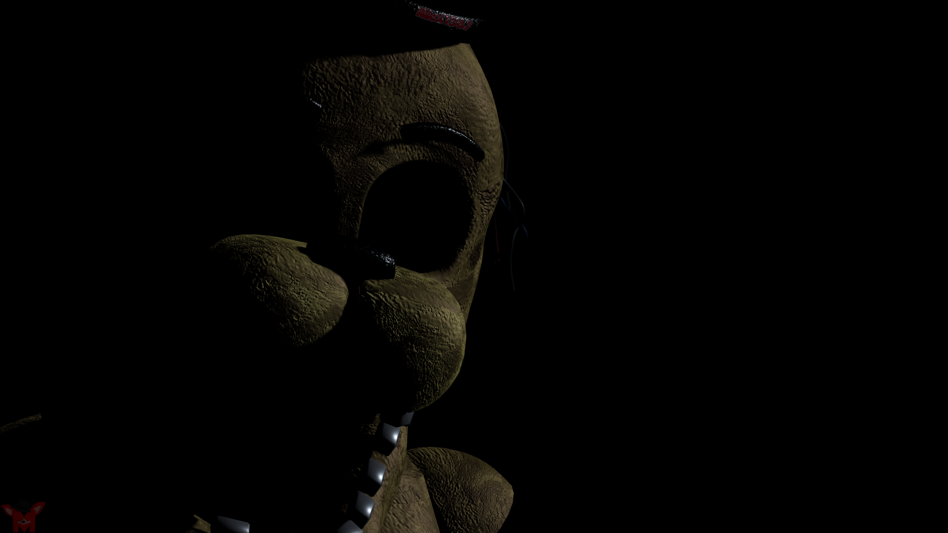 Dark, detailed close-up of an animatronic face from Five Nights at Freddy's 2, rendered in 8K Ultra HD for a PC desktop wallpaper background.
