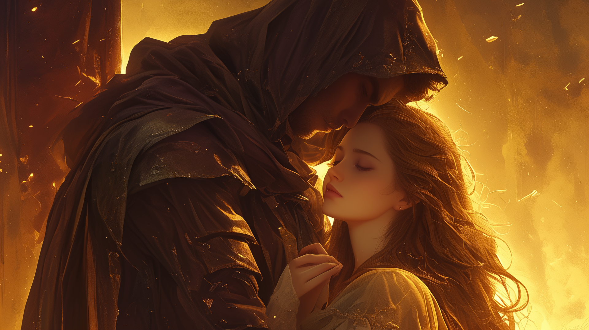HD desktop wallpaper featuring a romantic scene with a man in a cloak gently holding a woman's face, enveloped in a warm, glowing light.