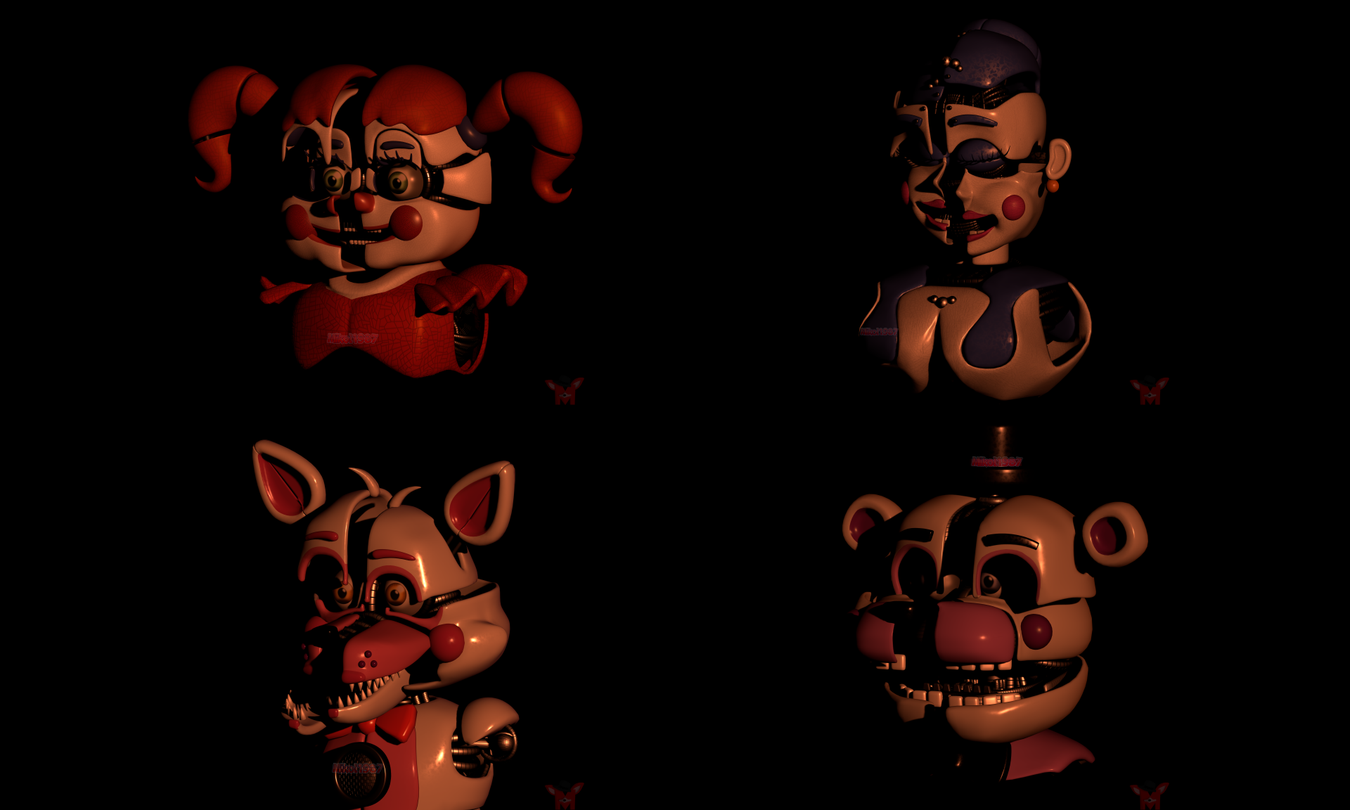 8K Ultra HD PC desktop wallpaper of the video game Five Nights at Freddy's: Sister Location, featuring Funtime Freddy and Circus Baby animatronics in dark, dramatic lighting.