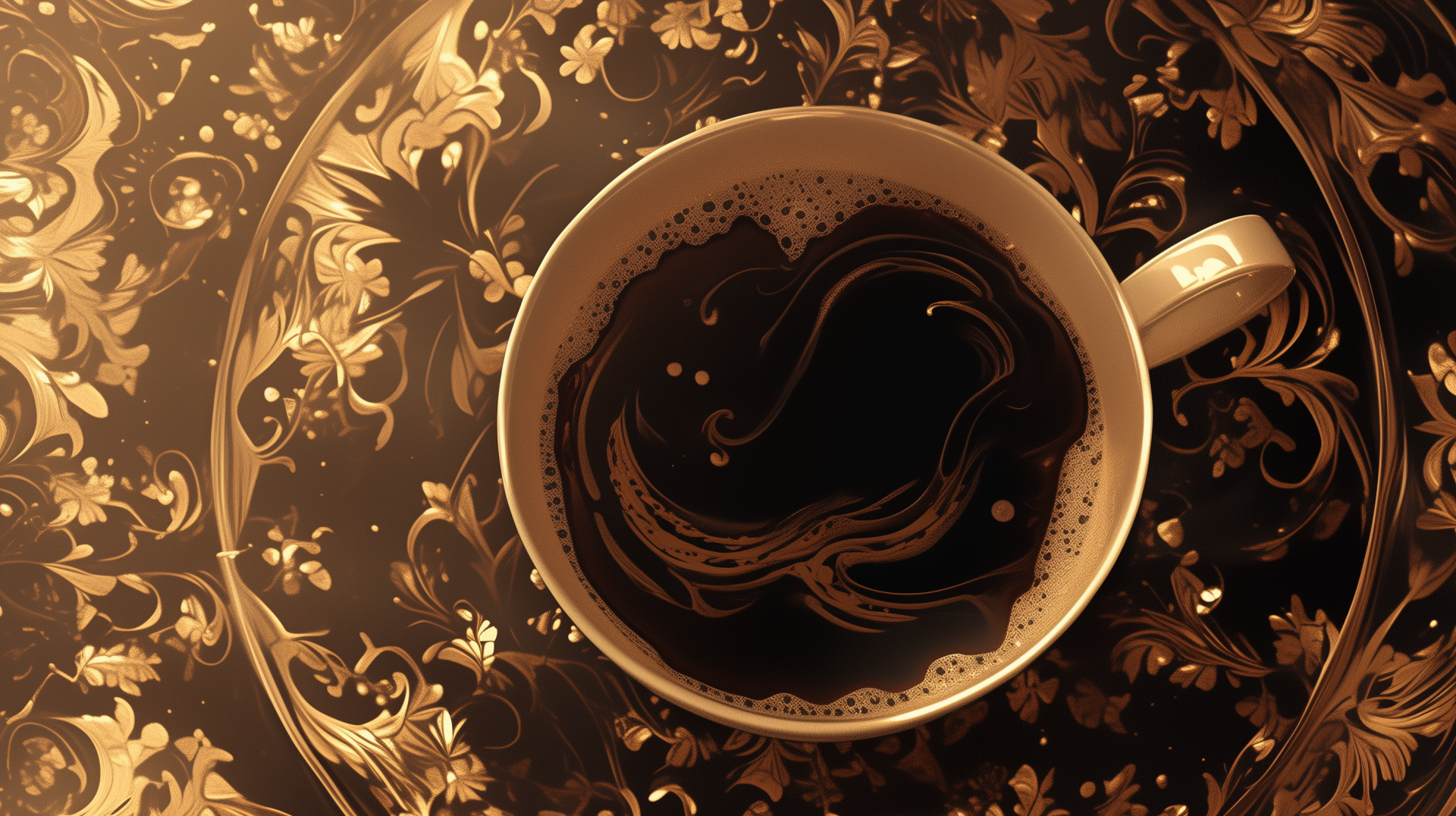 An artistic HD wallpaper featuring a steaming cup of coffee with elegant golden swirl patterns in the background.
