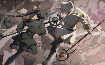 Anime-style HD desktop wallpaper featuring characters from Frieren: Beyond Journey's End in a dynamic battle scene with detailed backgrounds and intense action.