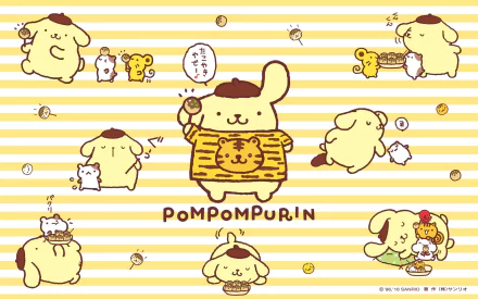 HD desktop wallpaper featuring the Sanrio character Pompompurin in various poses on a yellow striped background.
