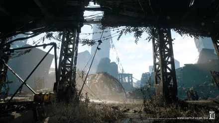 A captivating HD wallpaper showcasing a post-apocalyptic landscape from the video game Stellar Blade, featuring overgrown structures and a misty atmosphere.