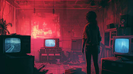 Artistic HD wallpaper featuring a duotone image of a person standing in a cluttered room with multiple televisions, illuminated by a striking red hue.